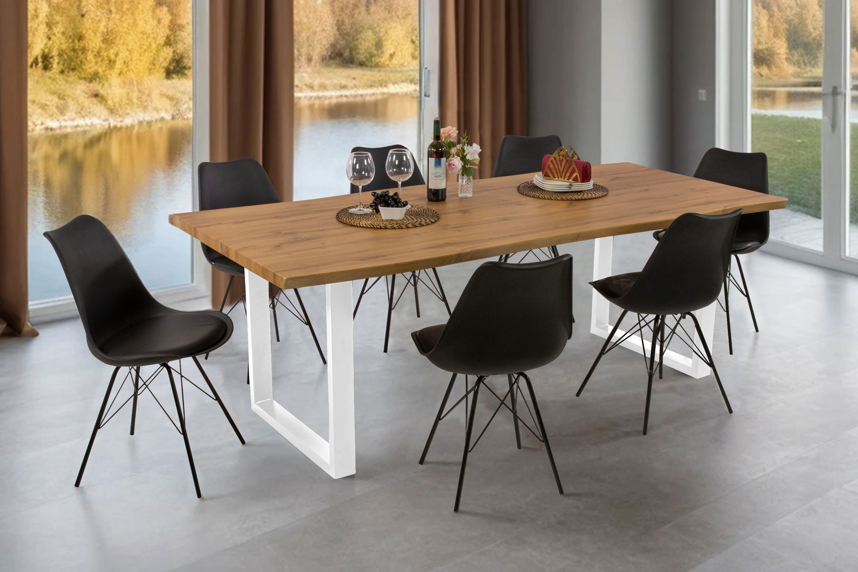 Esstisch Baumkante Holz-Optik Wildeiche 220 x 100 U-Gestell weiß JOSY Esstisch Baumkante Holz-Optik Wildeiche 220 x 100 U-Gestell weiß JOSY