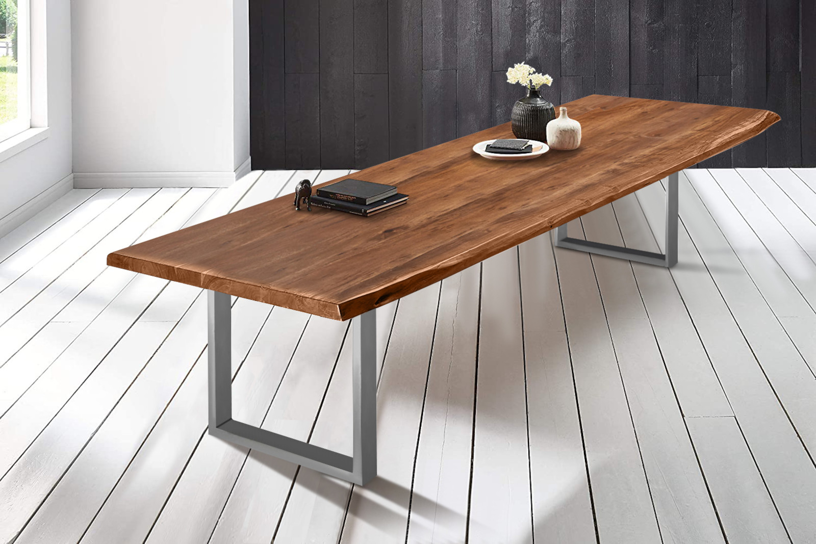  Esstisch Baumkante massiv Akazie nussbaumfarben 300 x 110 silber VALIN