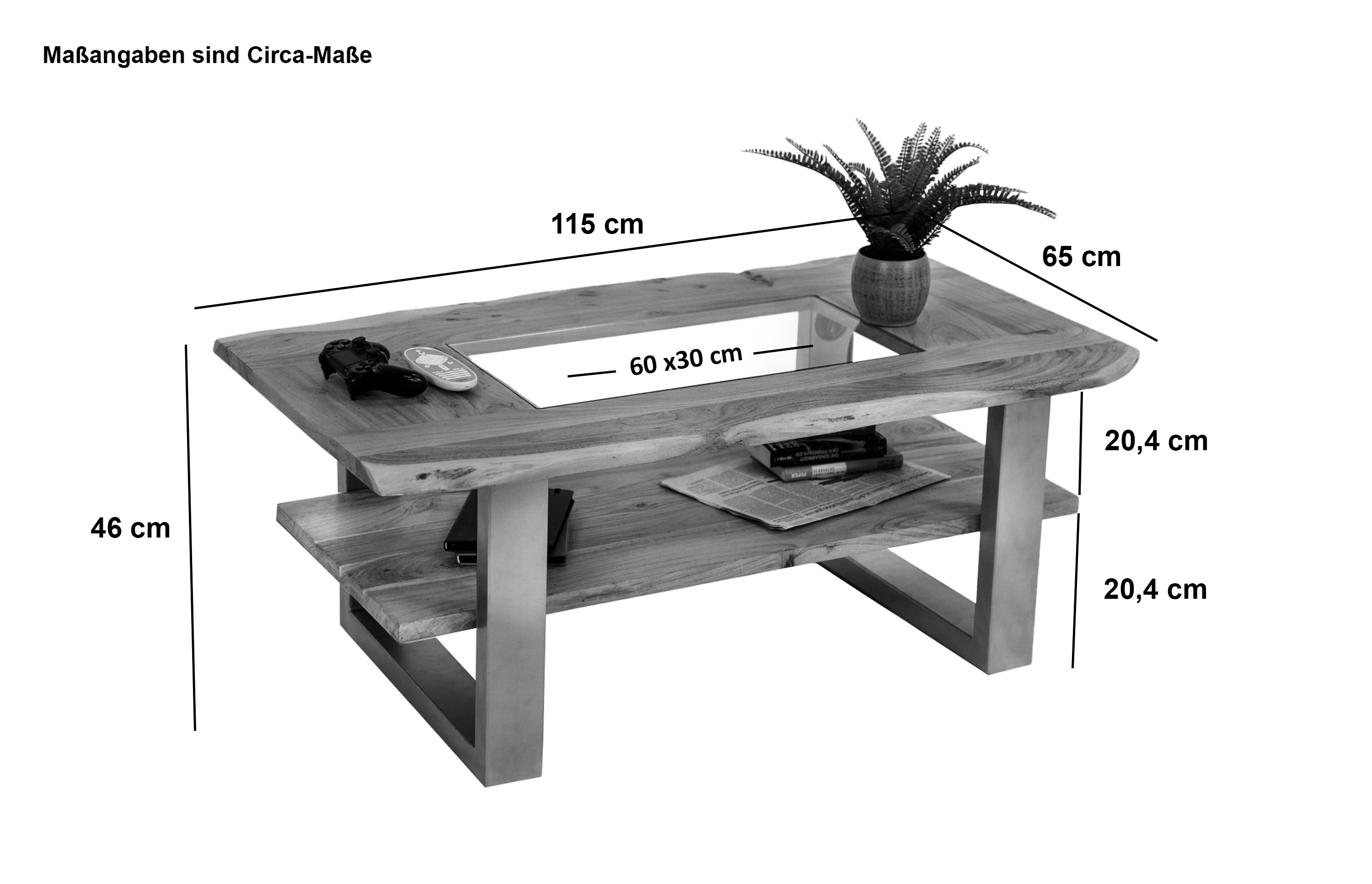Couchtisch mit Glaseinsatz Baumkante 115 x 65 cm Akazie massiv natur schwarz PATRICK