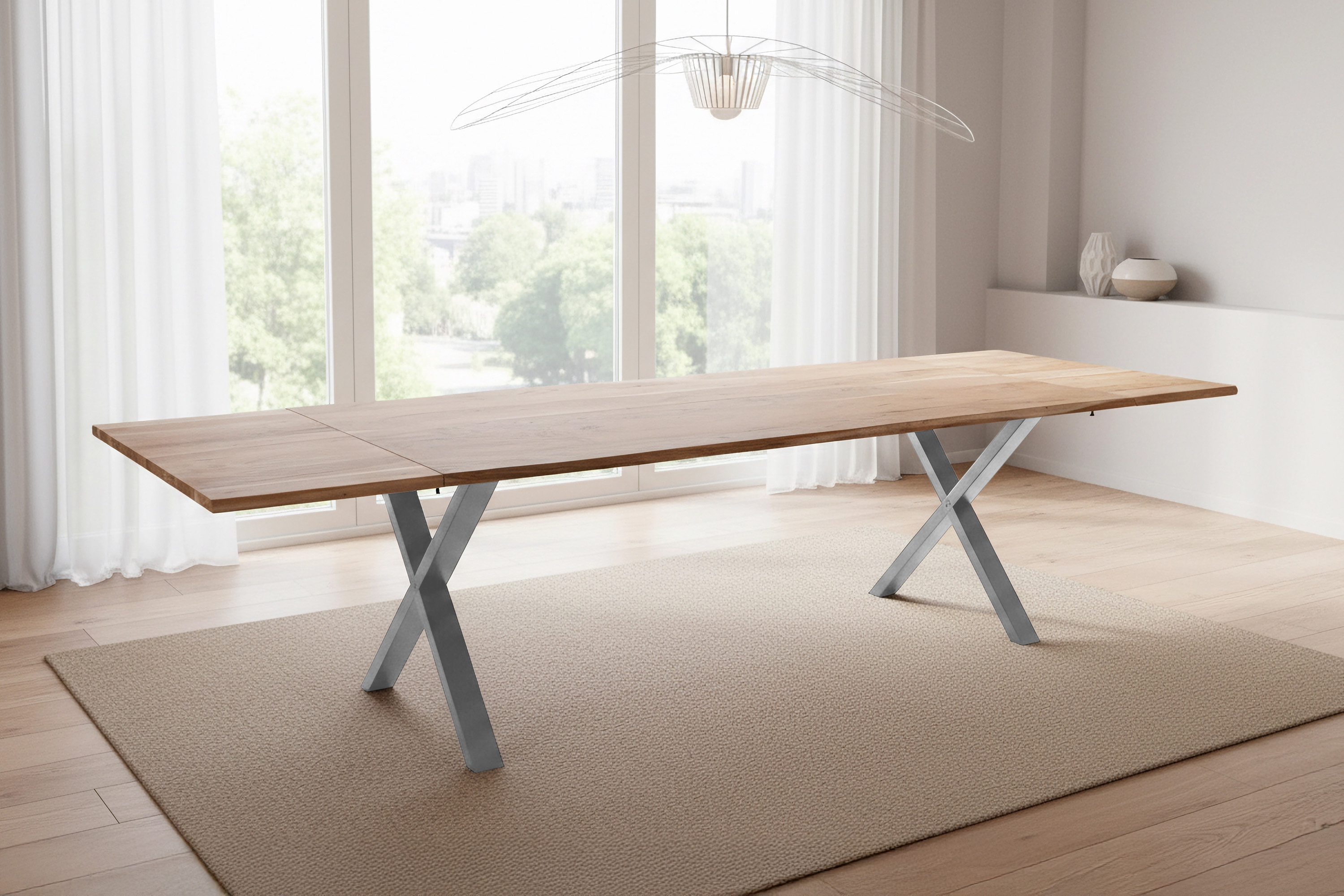 Esstisch Baumkante Akazie natur 220(320)x100 Ansteckplatten X-Gestell silber AVINO