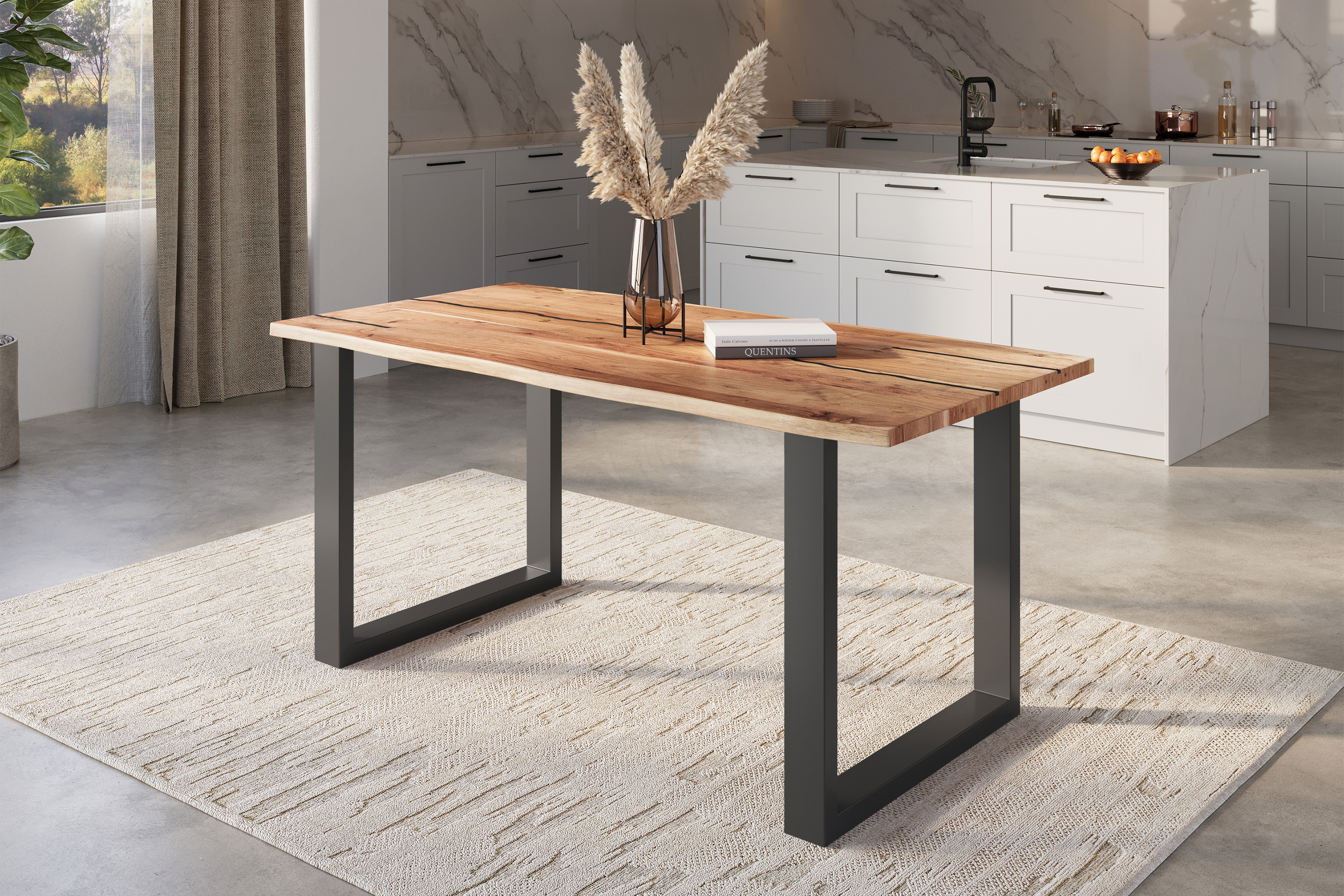 Baumkantentisch Akazie mit schwarzen Resin-Adern naturfarben 160 x 85 cm U-Gestell schwarz POLLY