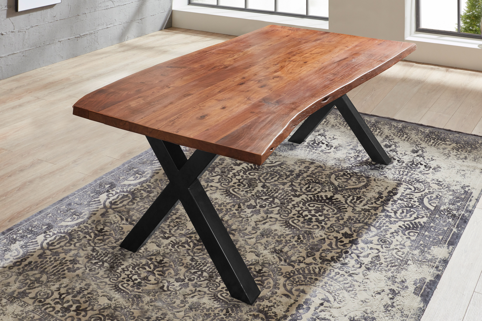 Esstisch Baumkante massiv Akazie nuss 180 x 90 X-Gestell schwarz XANTEN
