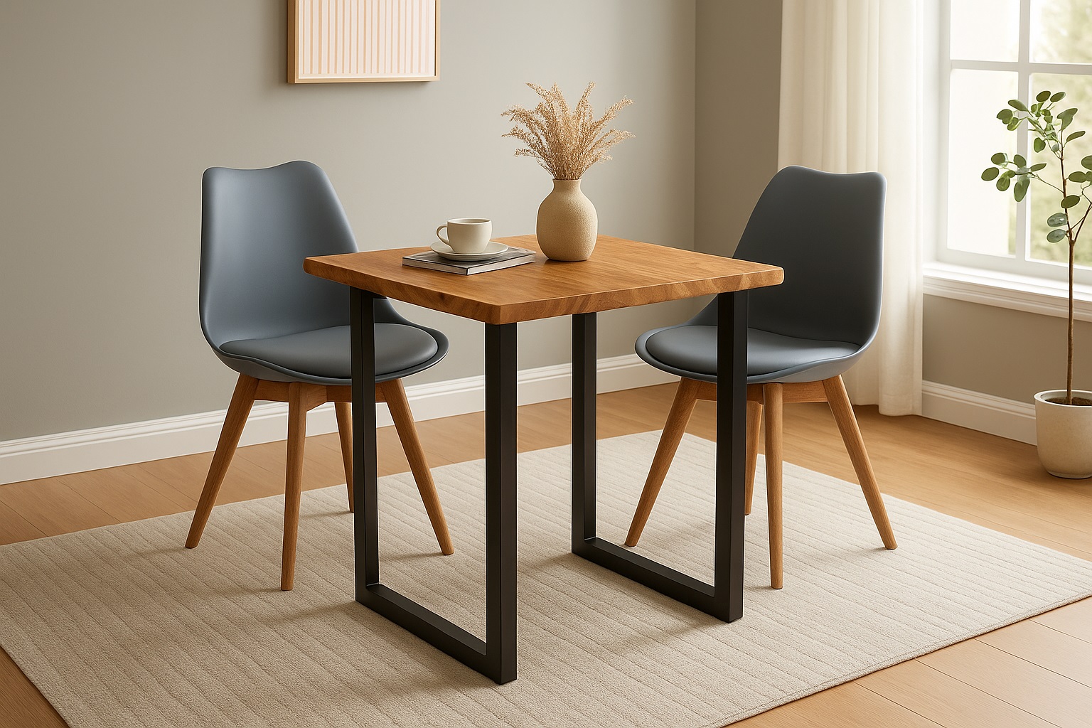 Essgruppe Baumkante massiv 90 x 90 cm Akazie naturfarben U-Gestell schwarz & 2 Stühle grau QUINN