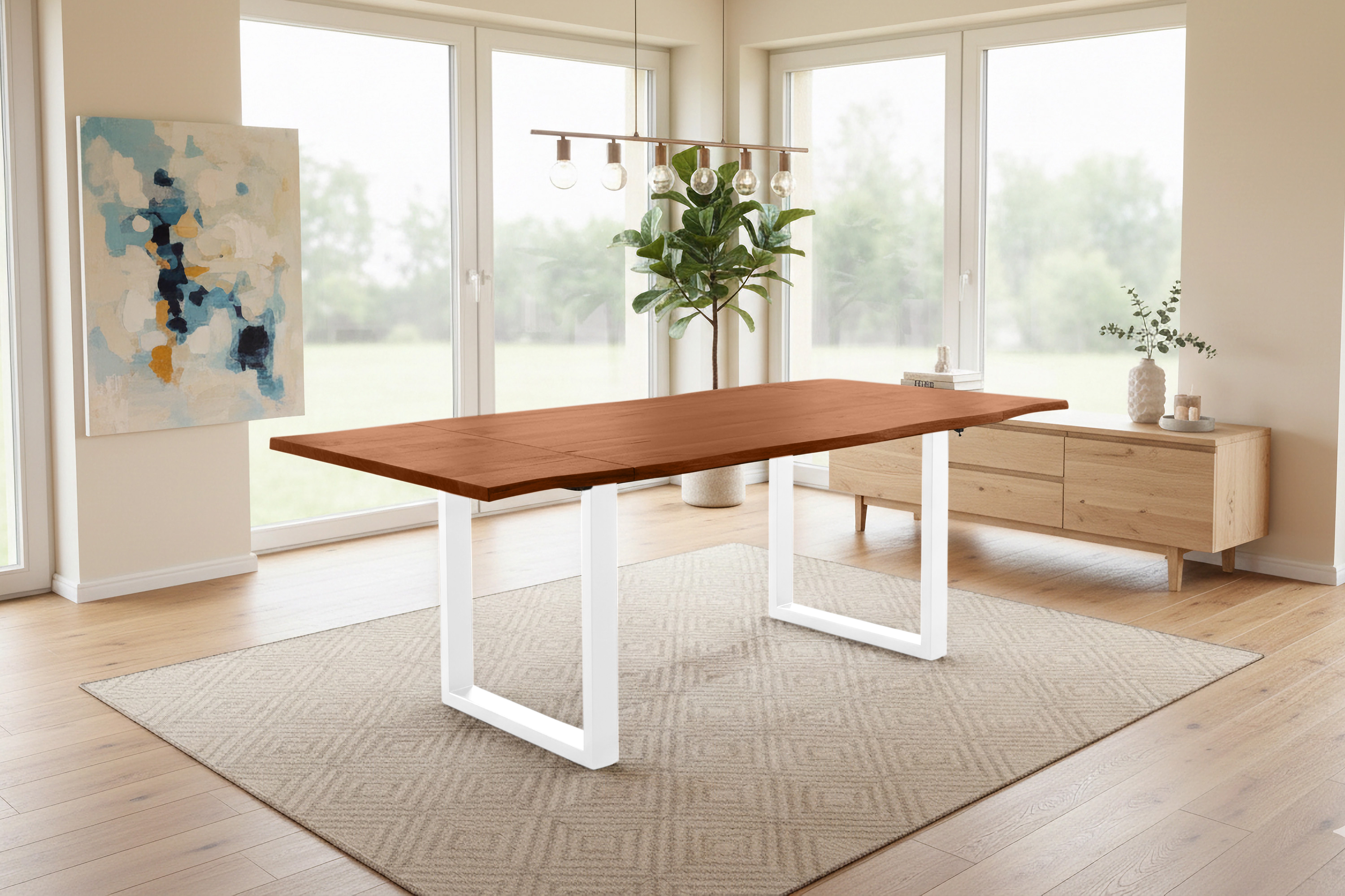 Esstisch Baumkante Akazie nuss 140(220)x90 Ansteckplatten U-Gestell weiß AVINO