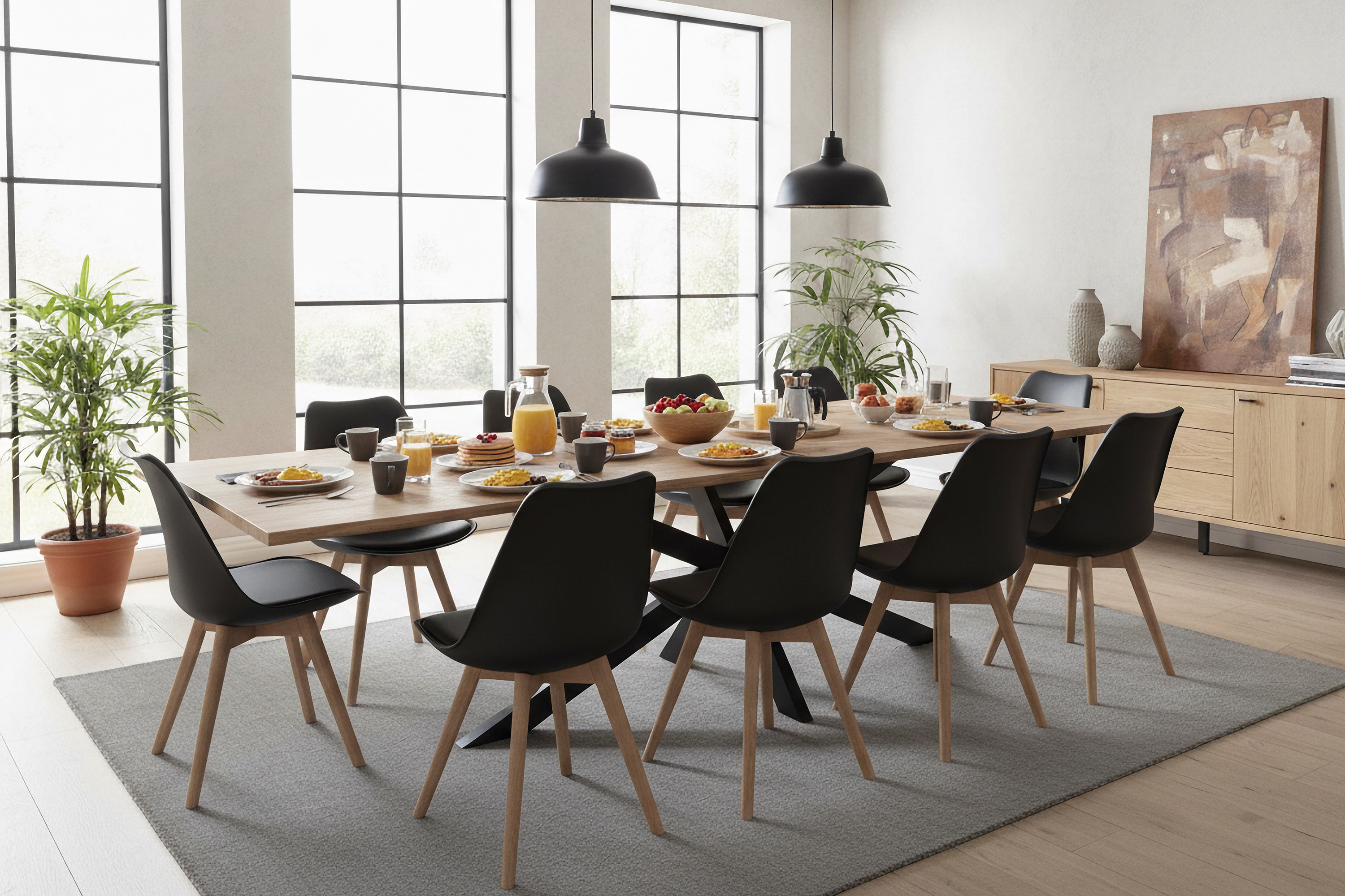 Esstisch Baumkante Akazie natur 220(320)x100 Ansteckplatten Spider-Gestell schwarz AVINO