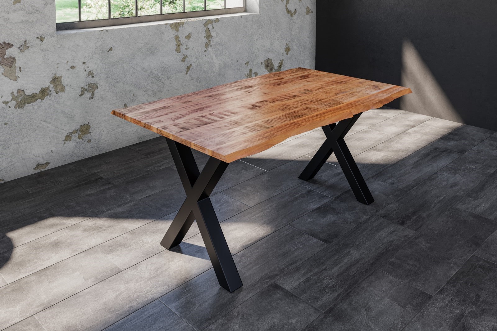 Esstisch Baumkante Massiv Mango naturfarben 140 x 80 schwarz X-Gestell DORA
