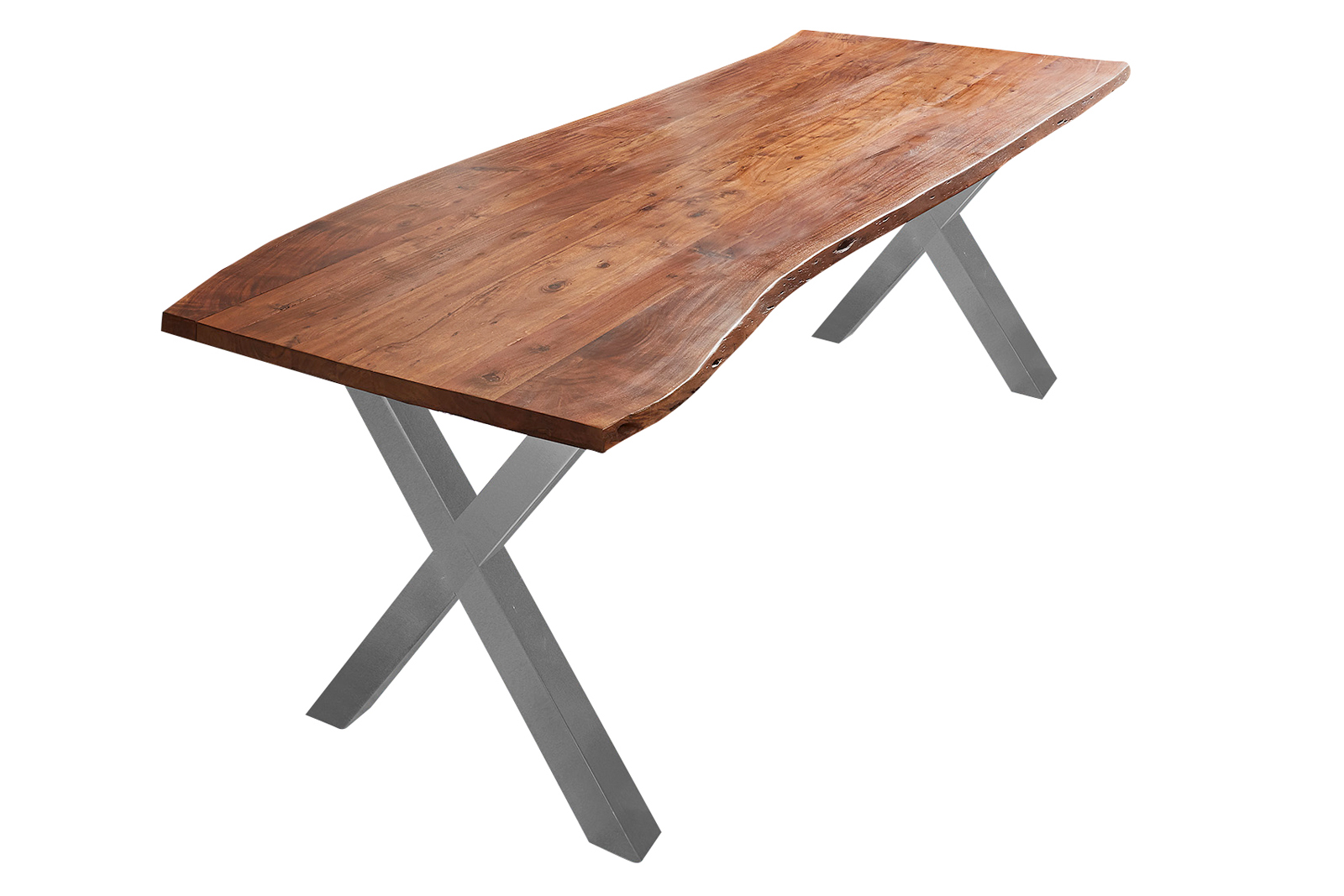 Esstisch Baumkante massiv Akazie nuss 240 x 100 X-Gestell silber XANTEN