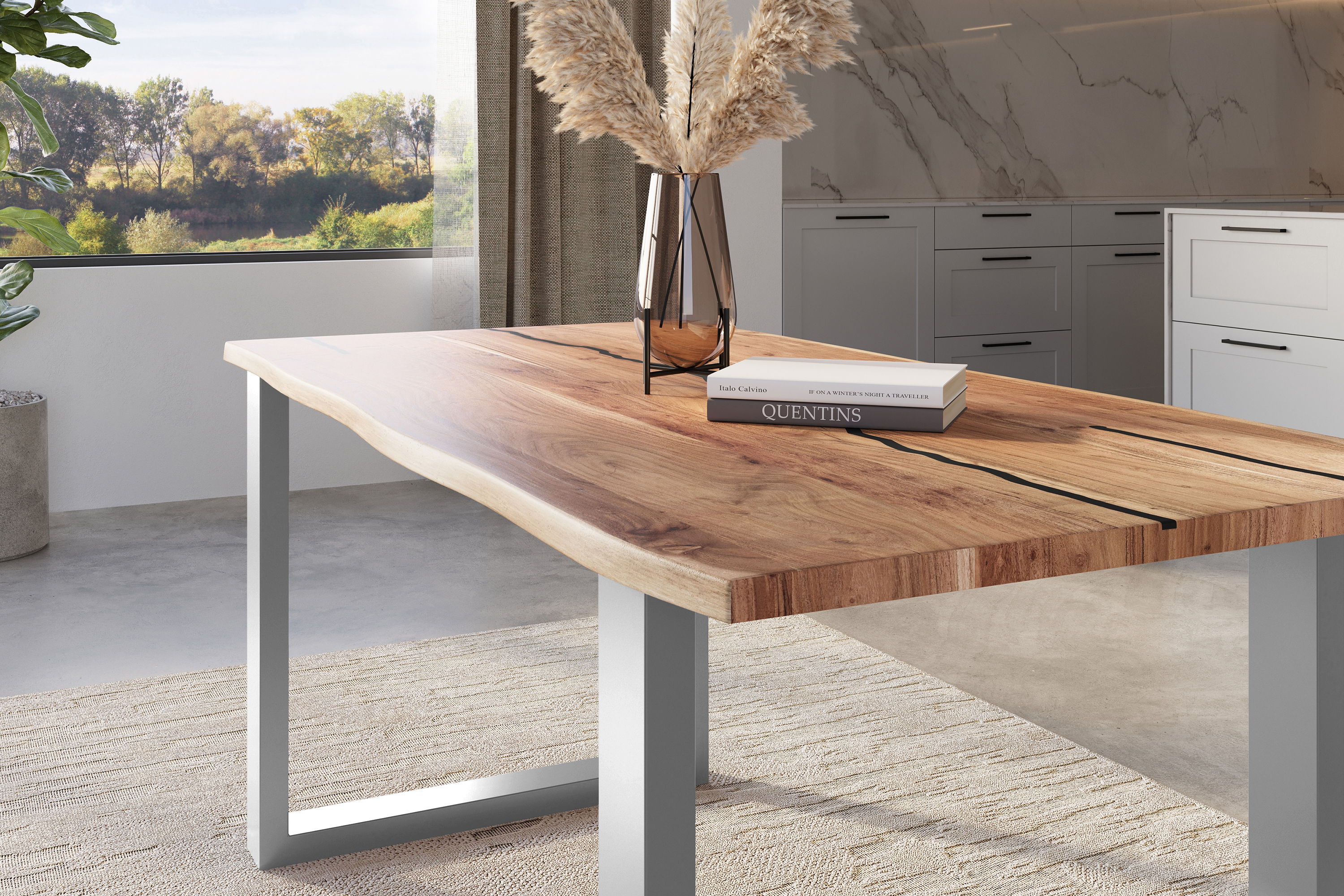 Baumkantentisch Akazie mit schwarzen Resin-Adern naturfarben 140 x 80 cm U-Gestell silber POLLY