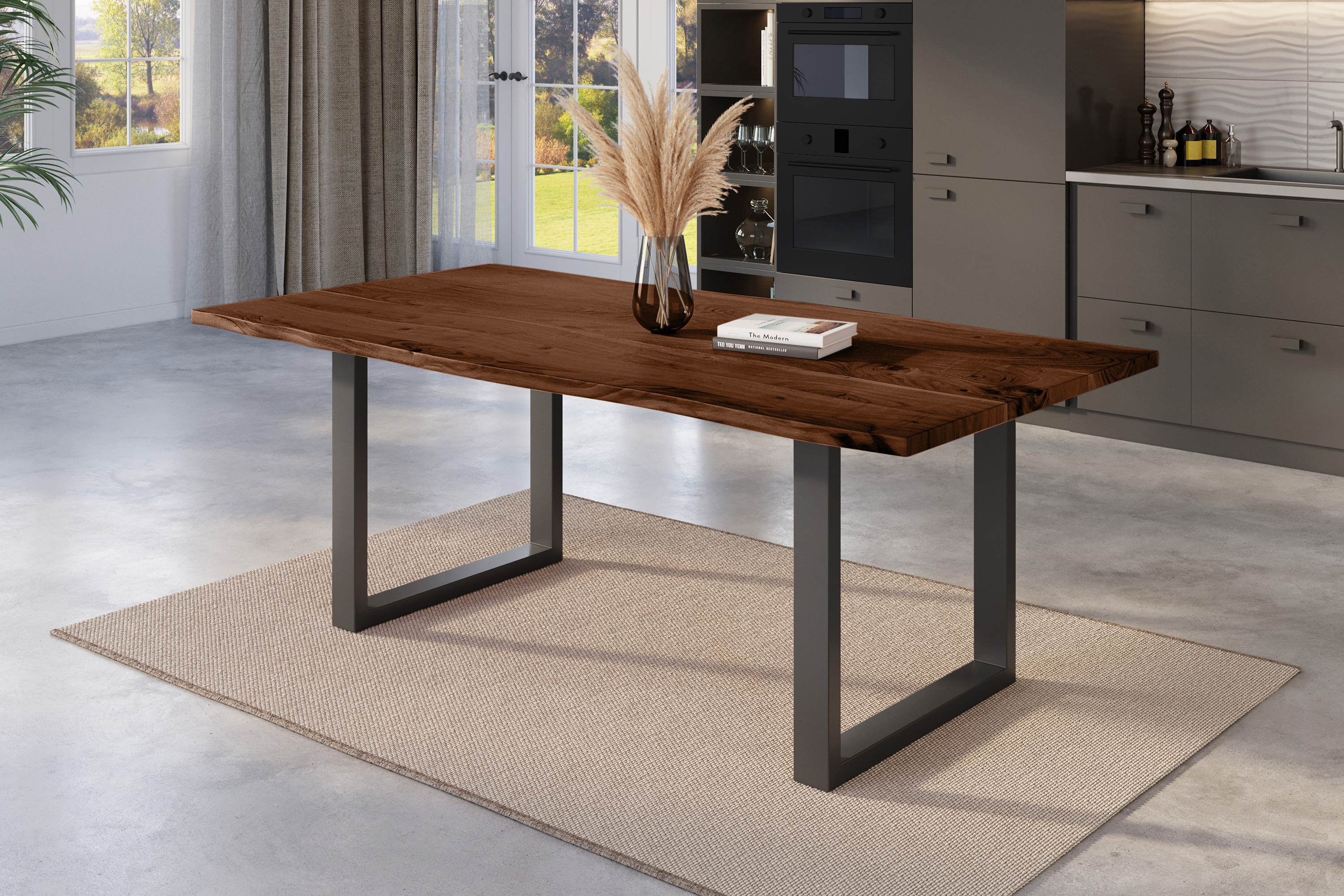 Esstisch Baumkante massiv Akazie nussbaum 200 x 100 U-Gestell schwarz NICK