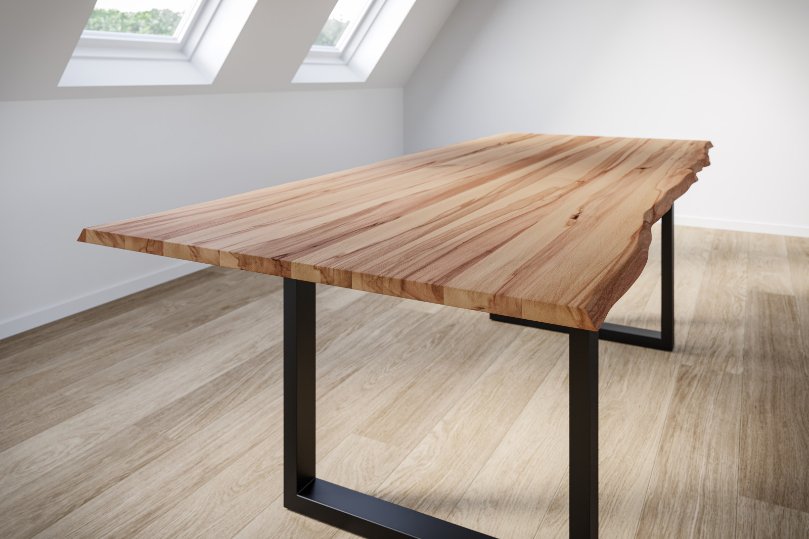 Esstisch Baumkante Massiv Wildbuche 160 x 85 mattschwarz U-Gestell GREGOR