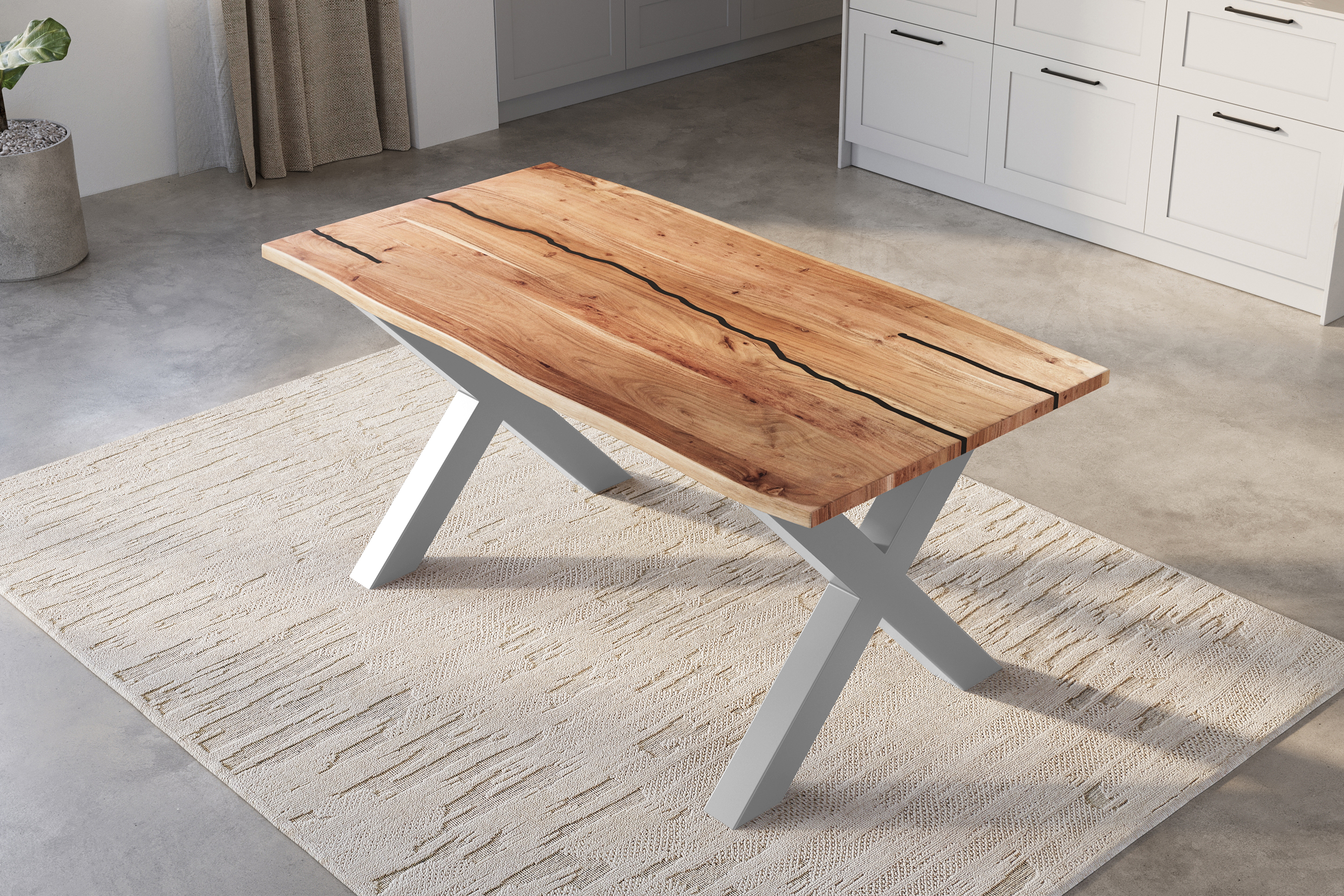 Baumkantentisch Akazie mit schwarzen Resin-Adern naturfarben 120 x 80 cm X-Gestell silber POLLY