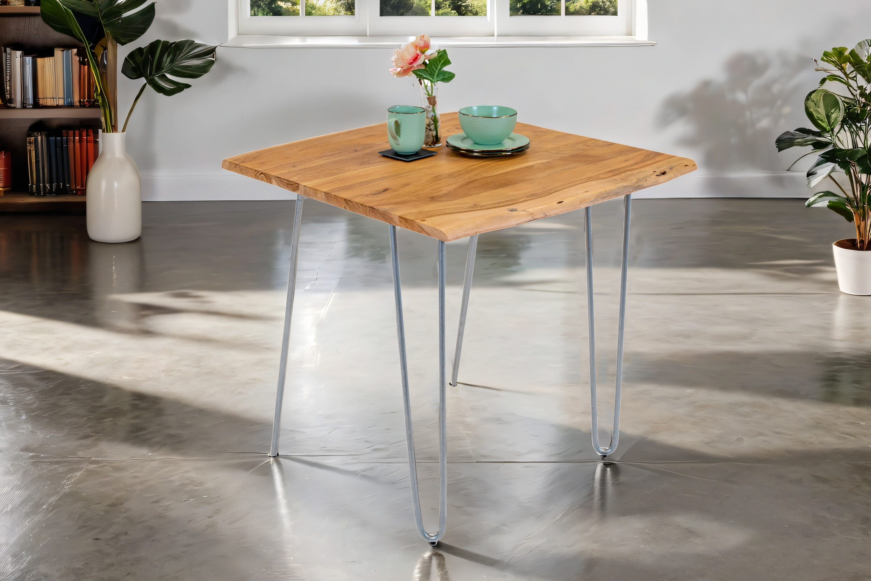 Esstisch Baumkante massiv Akazie natur 90x90 Hairpin-Gestell silber HANNAH