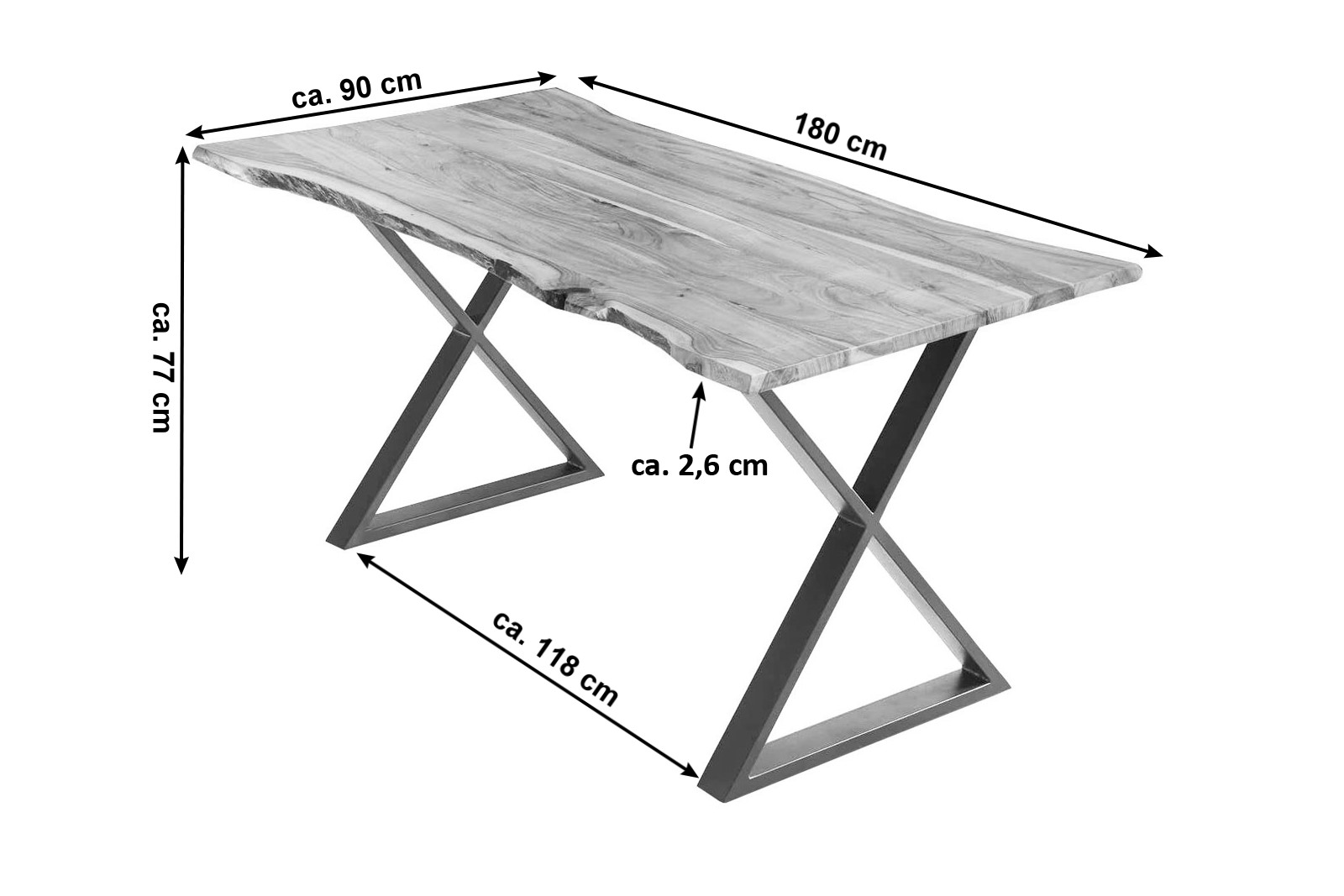 Esstisch Baumkante Akazie naturfarben 180 x 90 cm geschlossenes X-Gestell edelstahlfarben KASIMIR