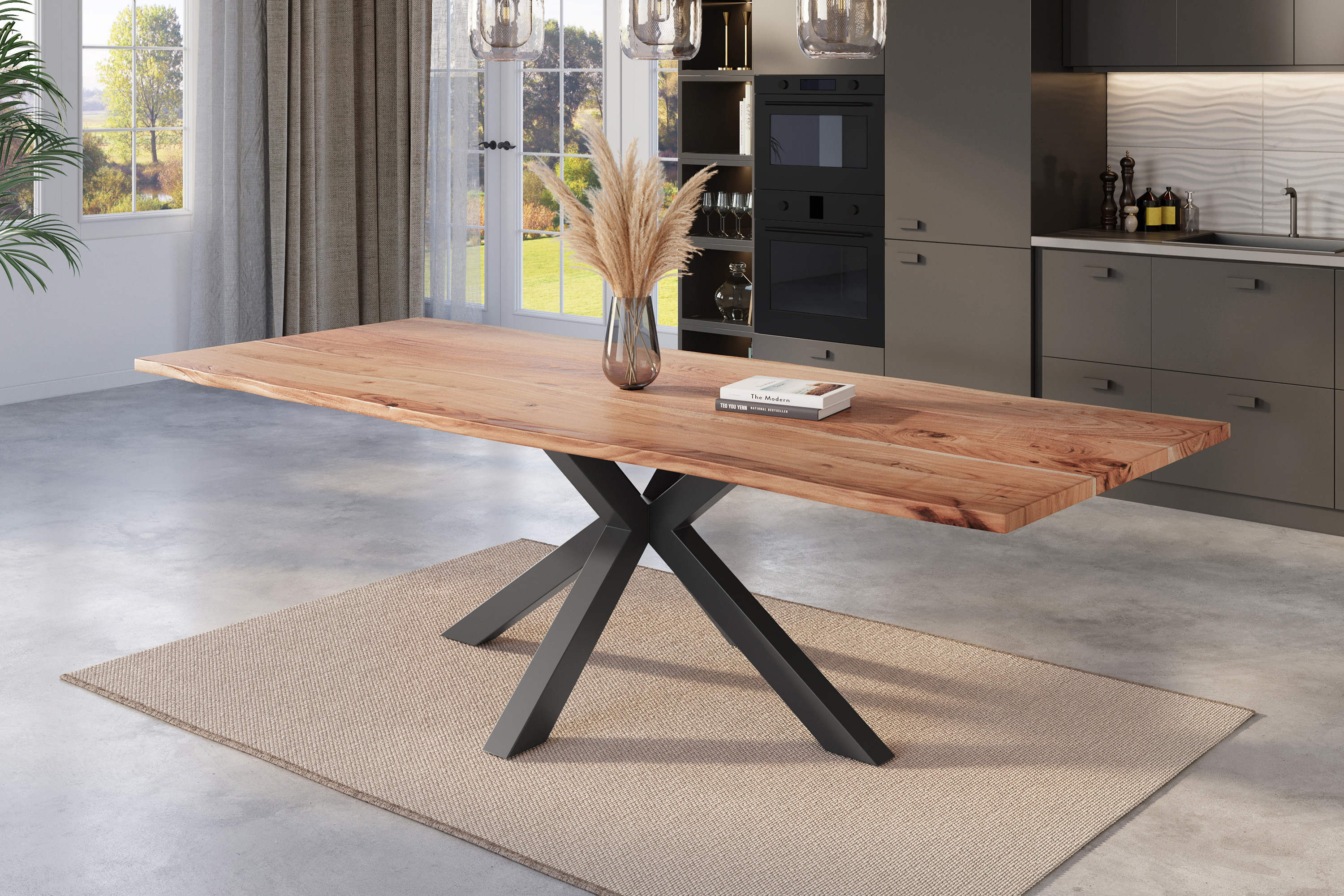 Esstisch Baumkante massiv Akazie natur 300 x 100 cm Spider-Gestell schwarz Kalea