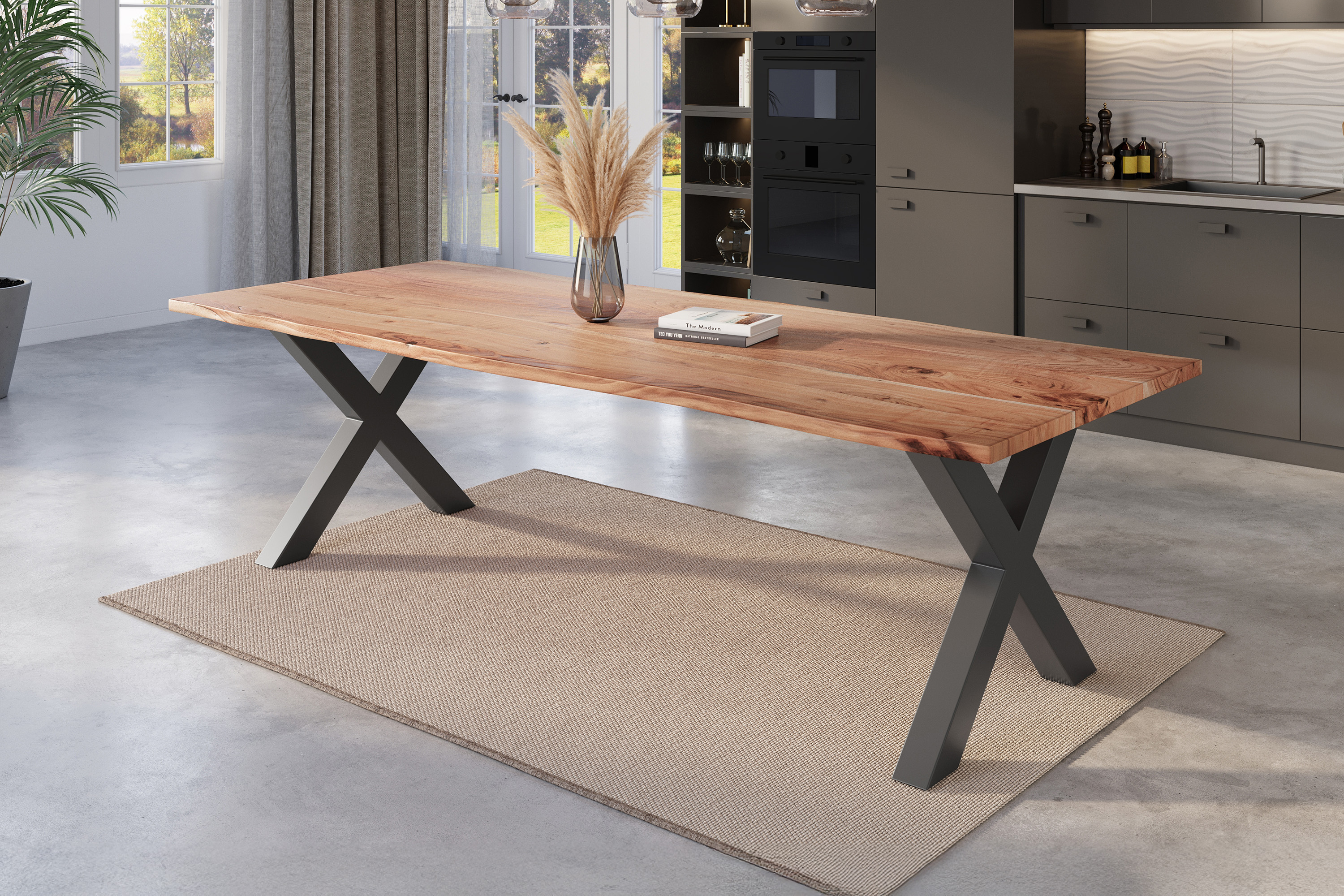 Esstisch Baumkante massiv Akazie natur 240 x 100 schwarz X-Gestell NICK