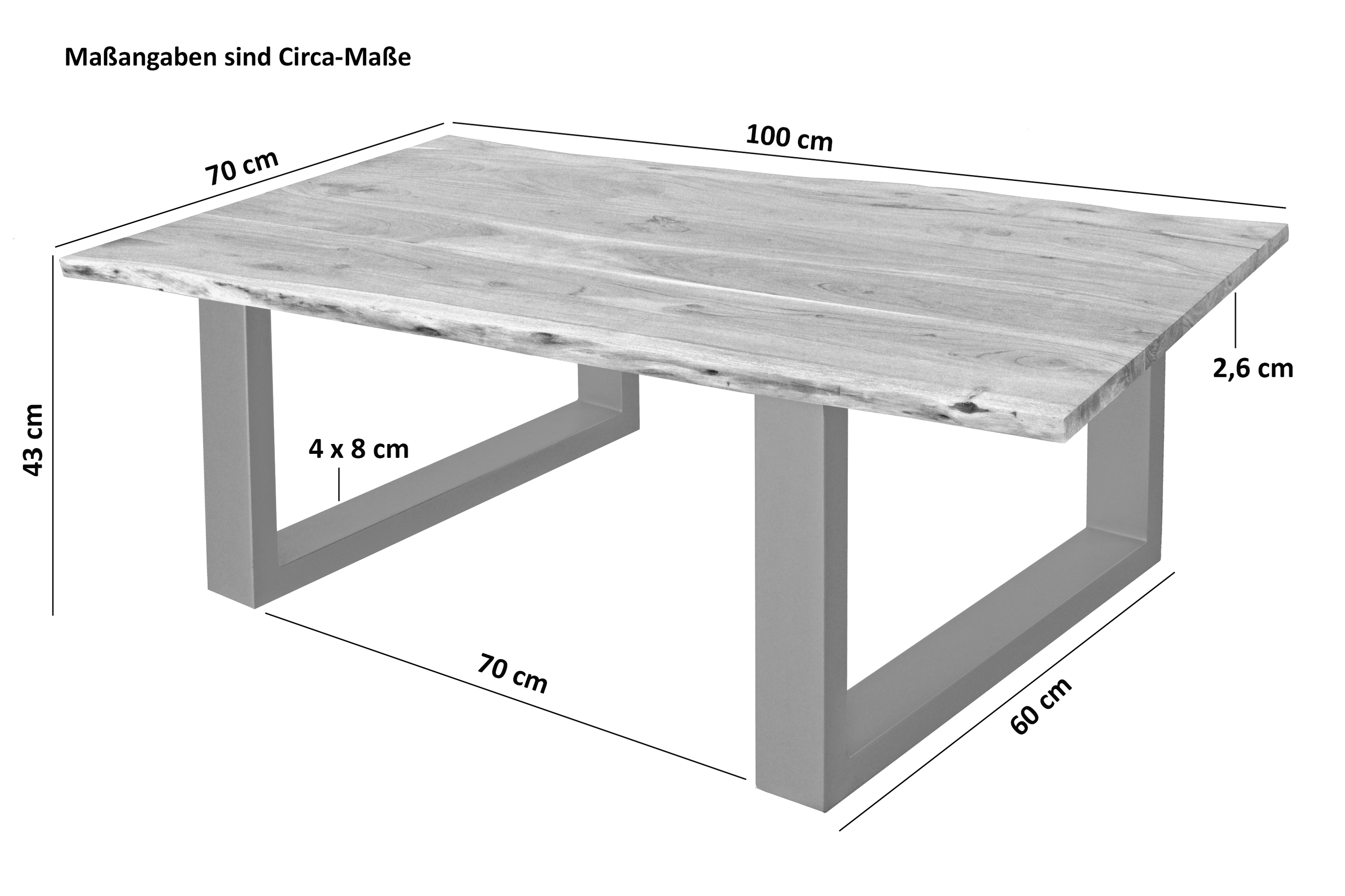 Couchtisch Baumkante massiv Akazie Natur 100 x 70 cm U-Gestell silber INSA