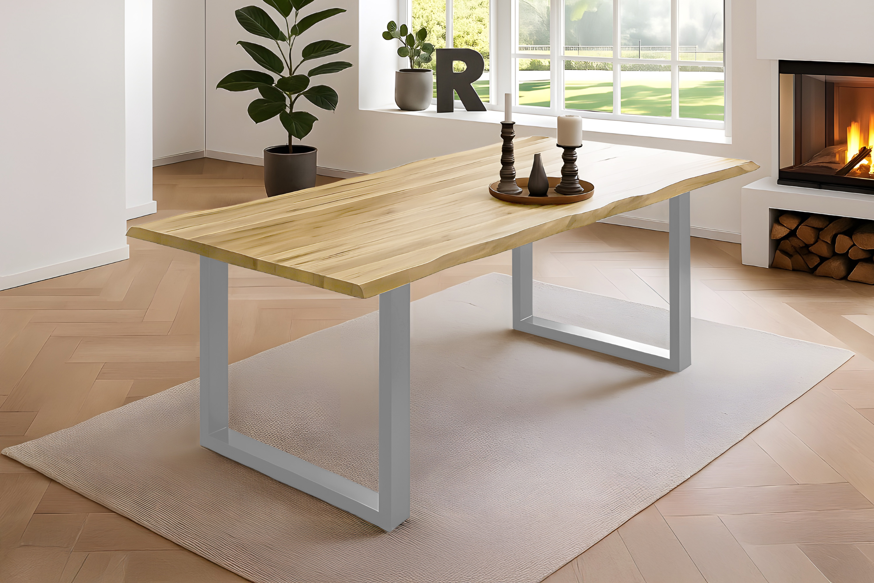 Esstisch Baumkante massiv Akazie eichefarben 220 x 100 silber NIAH