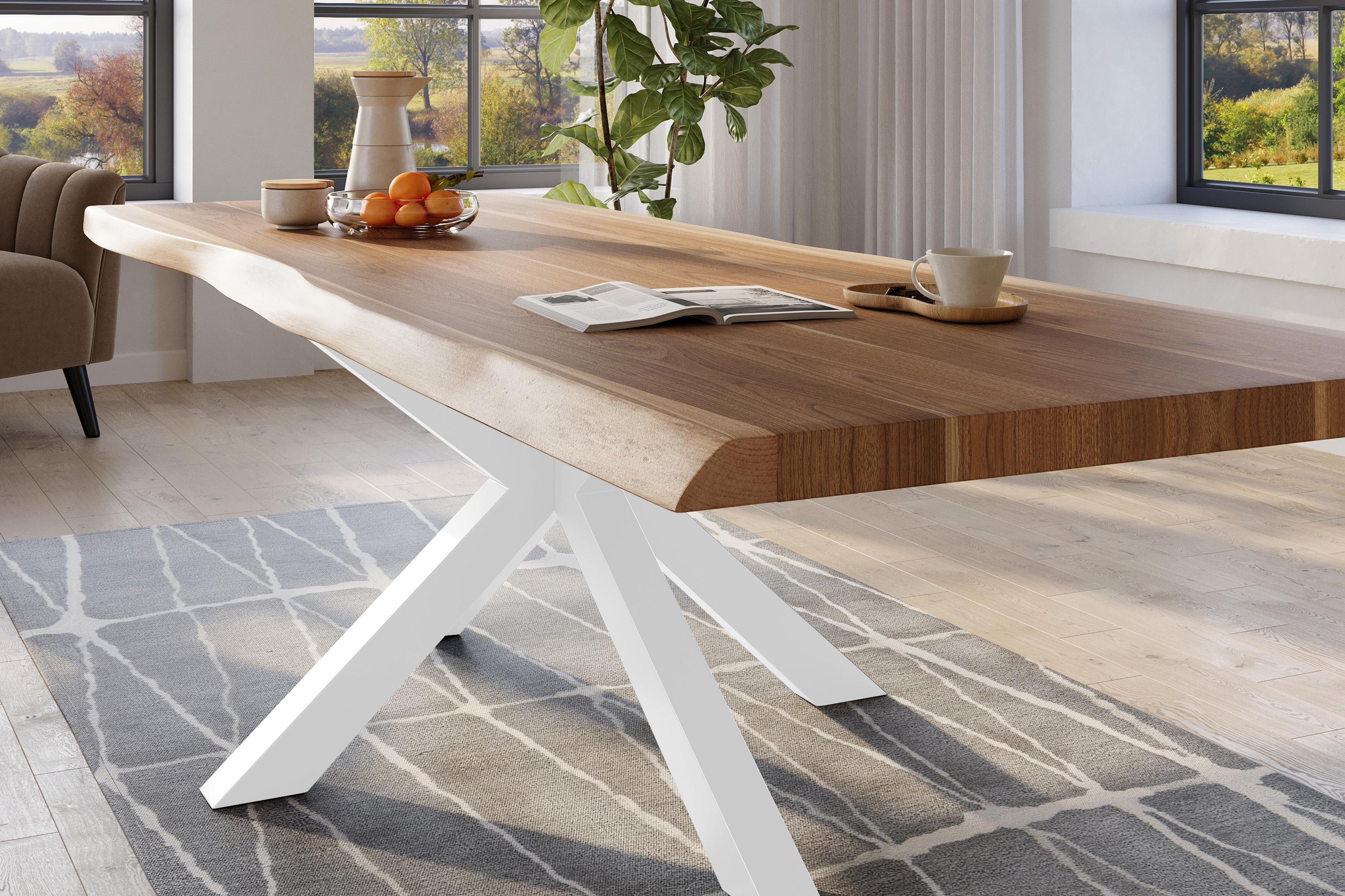 Esstisch Baumkante massiv Akazie natur 260 x 120 Spider-Gestell Metall weiß TITAN