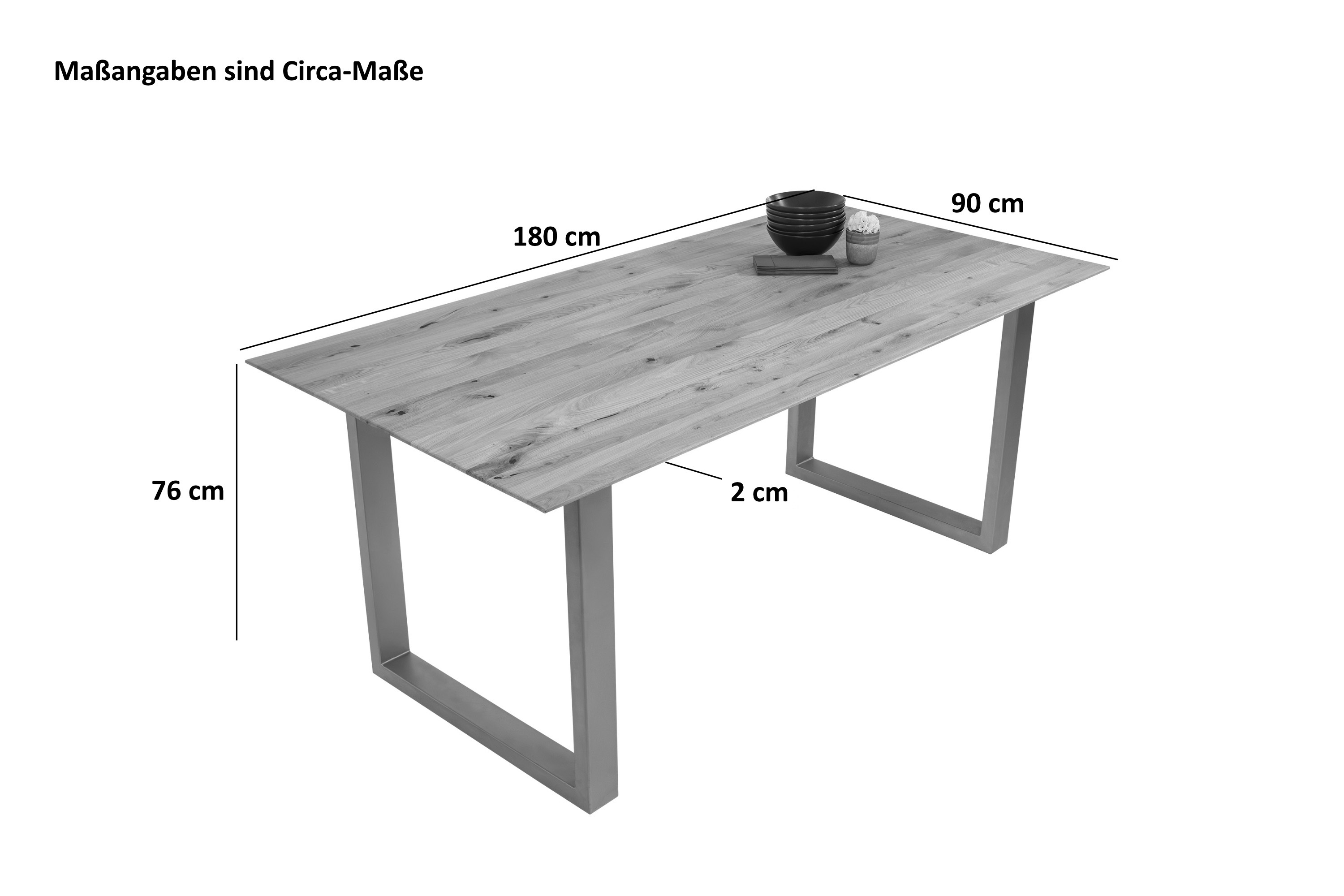 Esszimmertisch Schweizer Kante eckig massiv & geölt Eiche 180x90 schwarz U-Gestell Lotte