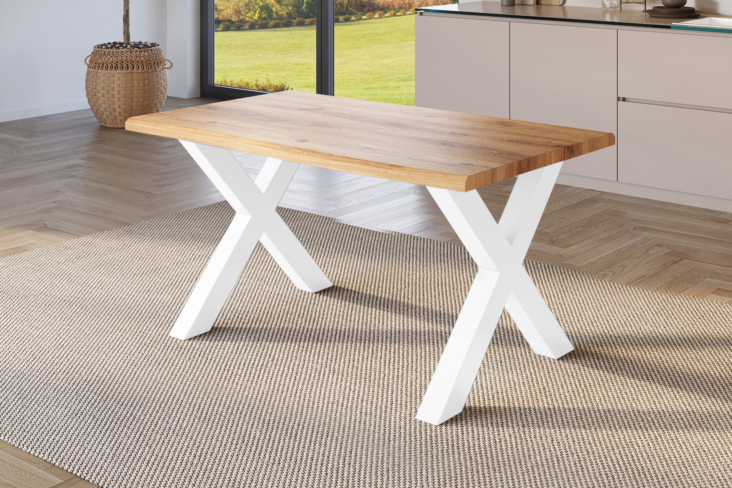 Esstisch Baumkante Holz-Optik Wildeiche 120 x 80 X-Gestell weiß JULIUS