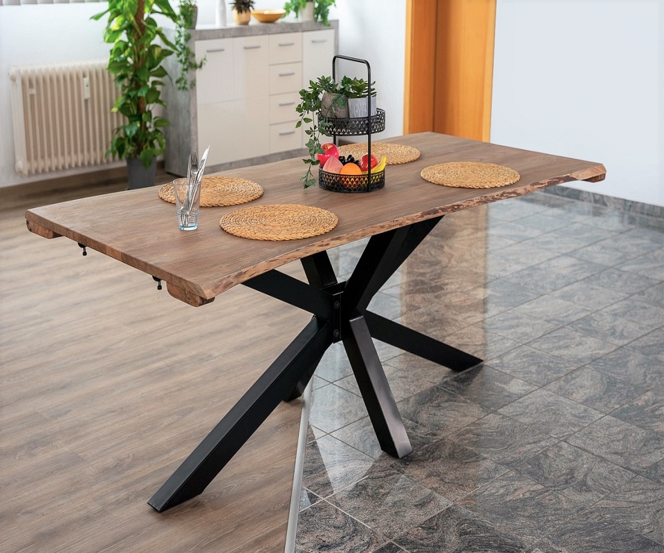 Baumkantentisch Akazie stonefarben 200(300)x100 cm Ansteckplatten Spider-Gestell schwarz JANNIK Baumkantentisch Akazie stonefarben 200(300)x100 cm Ansteckplatten Spider-Gestell schwarz JANNIK