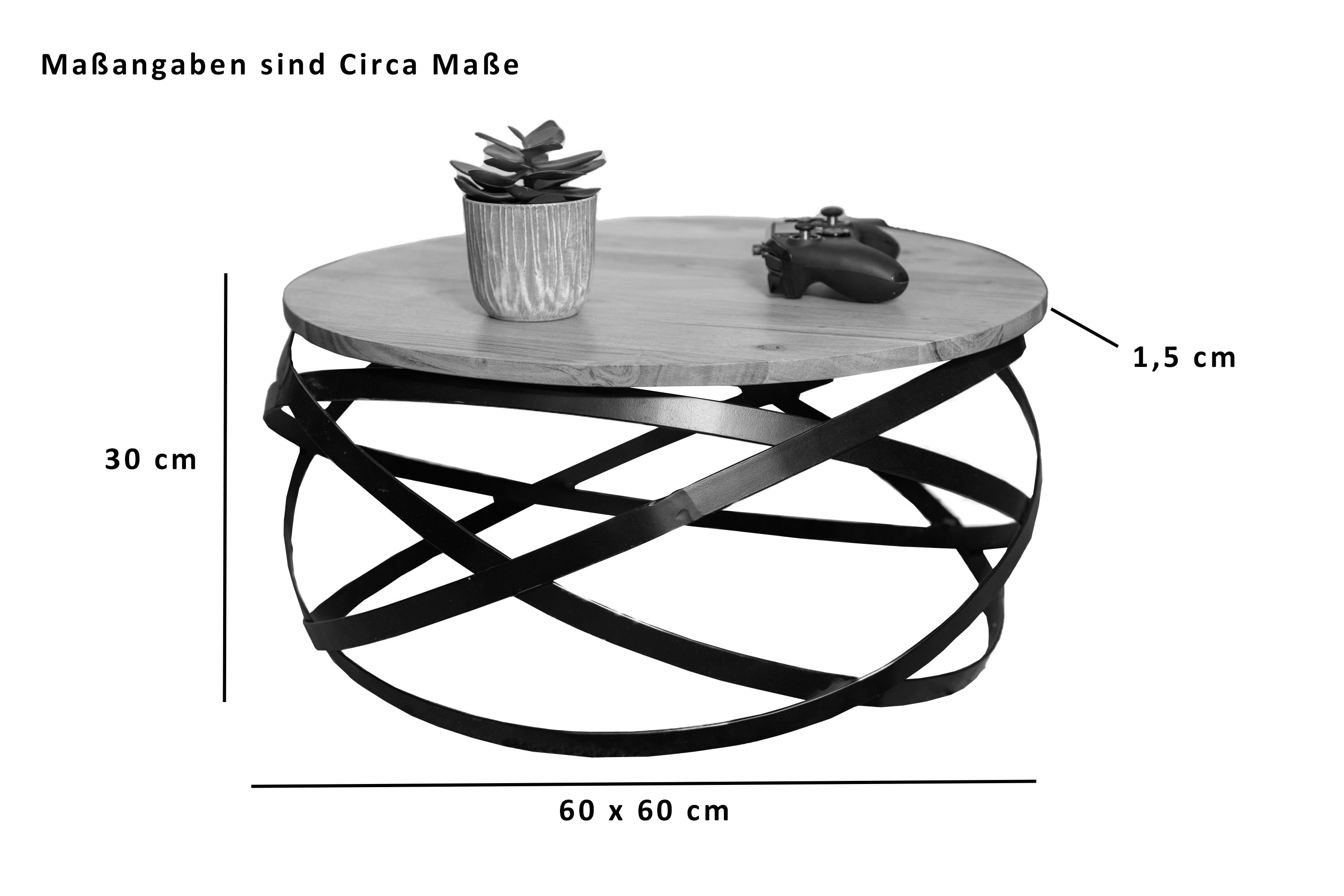 Couchtisch rund im Industrial-Design Akazie massiv 60 x 60 x 30 cm naturfarben Allison