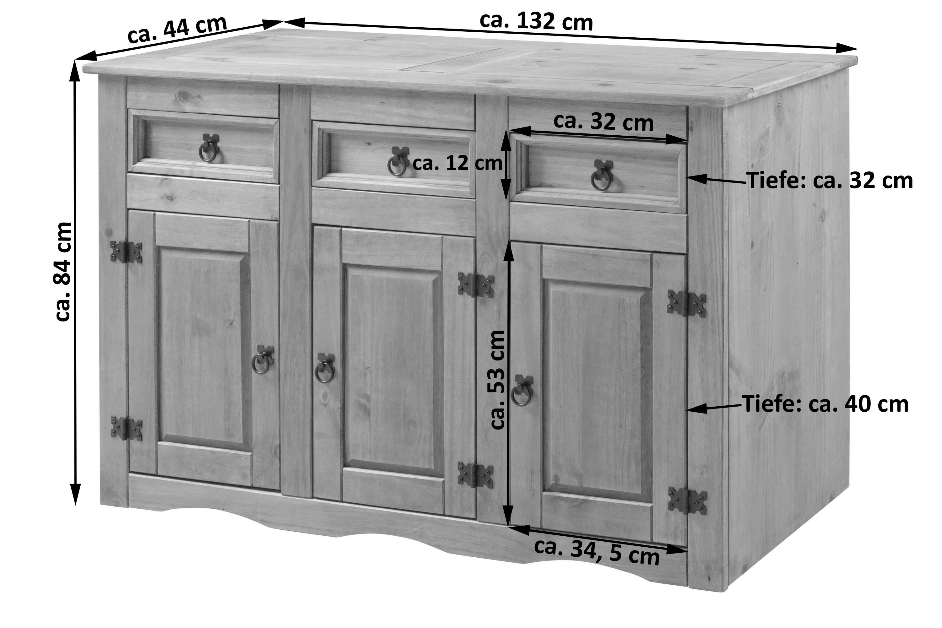  Sideboard 132 x 84 x 44 cm massiv Kiefer natur MEXICO
