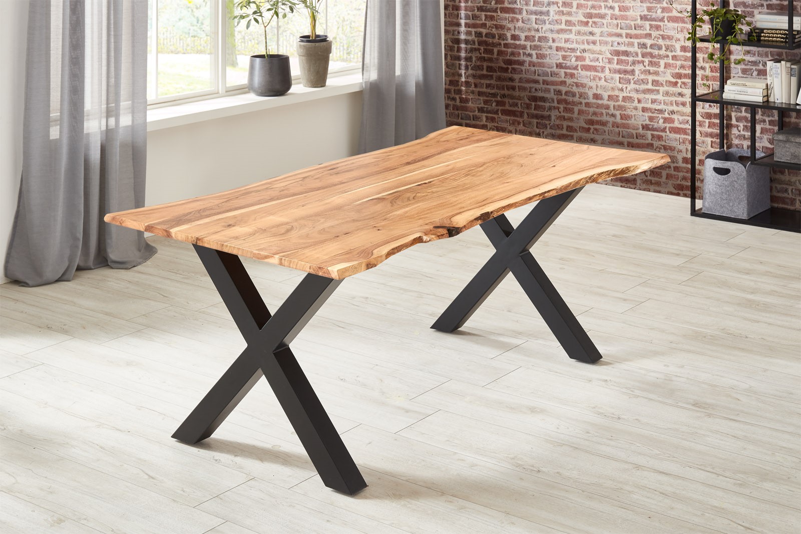 Esstisch Akazie naturfarben 160 x 85 cm X-Gestell schwarz YVONNE