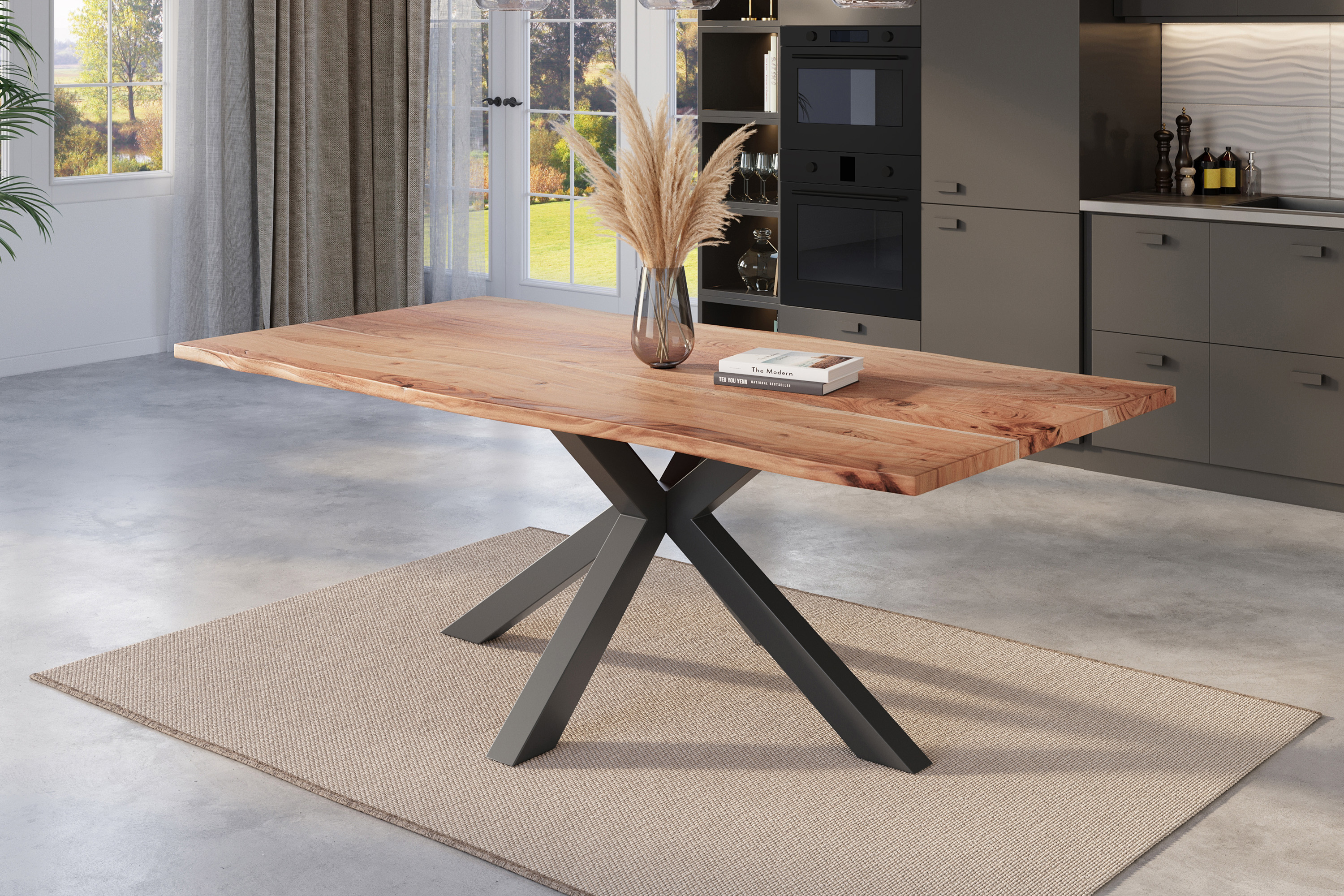 Esstisch Baumkante massiv Akazie natur 180 x 90 cm Spider-Gestell schwarz Kalea