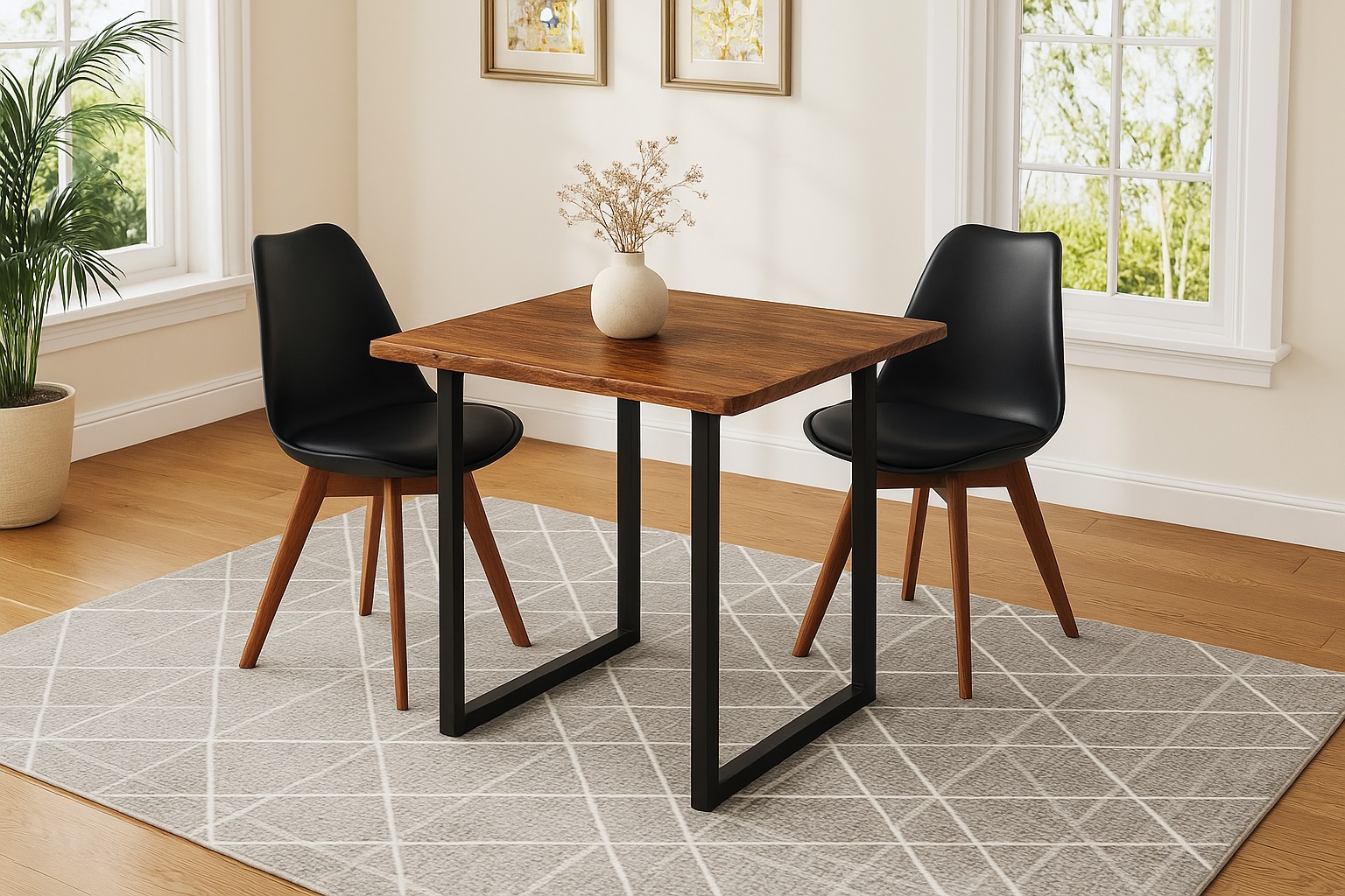 Essgruppe Baumkante massiv 90 x 90 cm Akazie nussbaumfarben U-Gestell schwarz & 2 Stühle schwarz QUINN