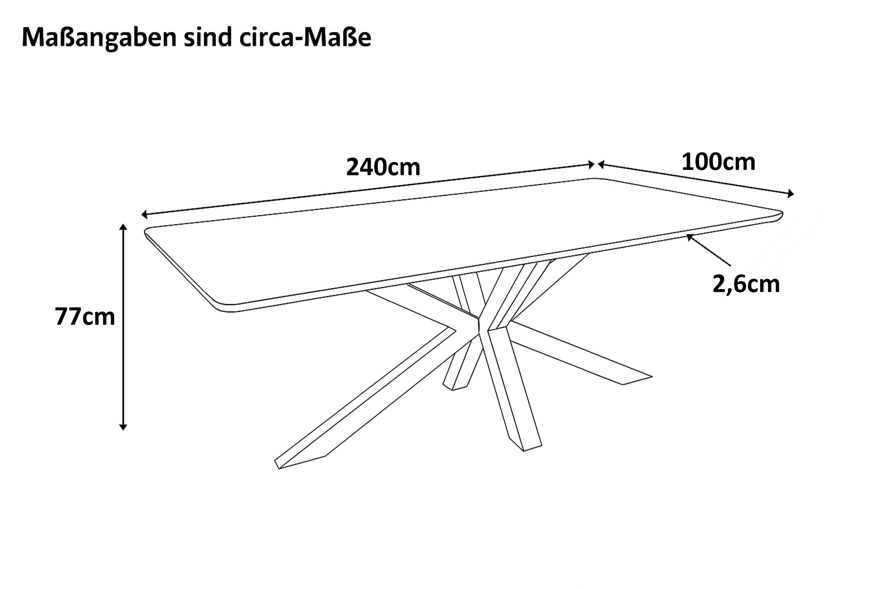 Esstisch 240 x 100 cm Akazie massiv kastanienfarben Schweizer Kante Spider-Gestell Holz kastanie ROBERTO