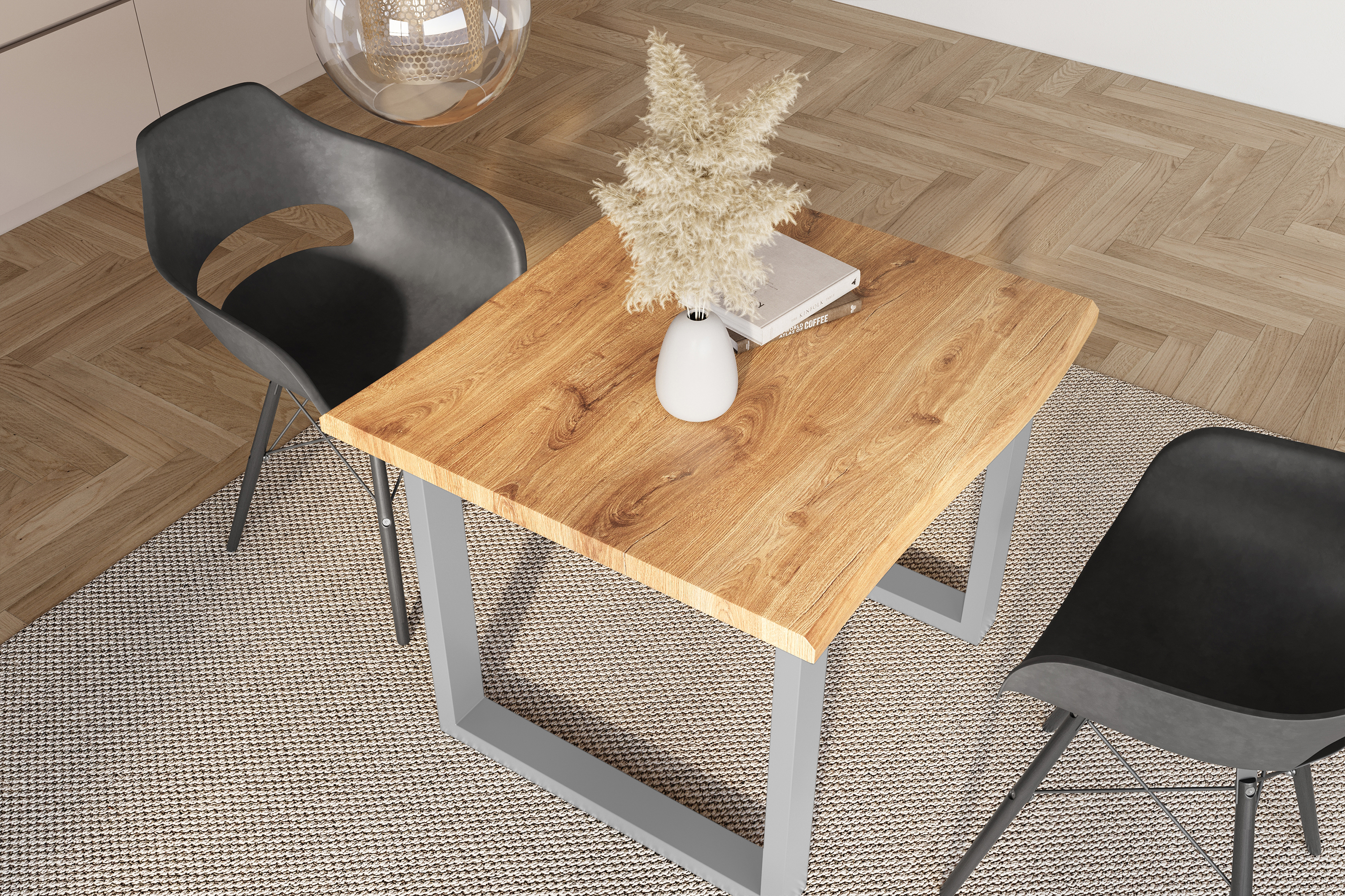 Esstisch Baumkante Holz-Optik Wildeiche 80 x 80 U-Gestell silber JULIUS
