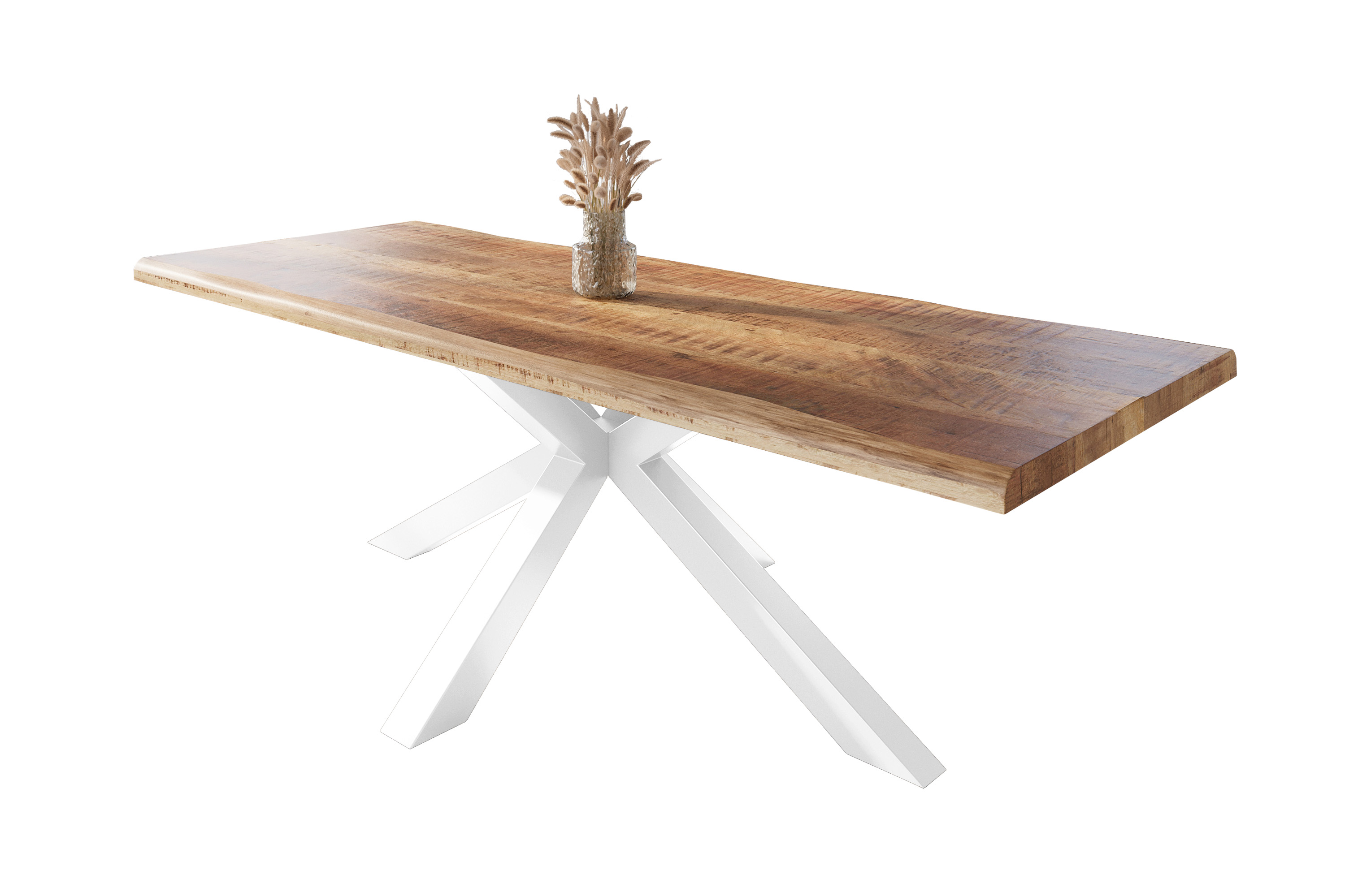Esstisch Baumkante massiv Mango rough 280 x 100 Spider-Gestell weiß ATLAS
