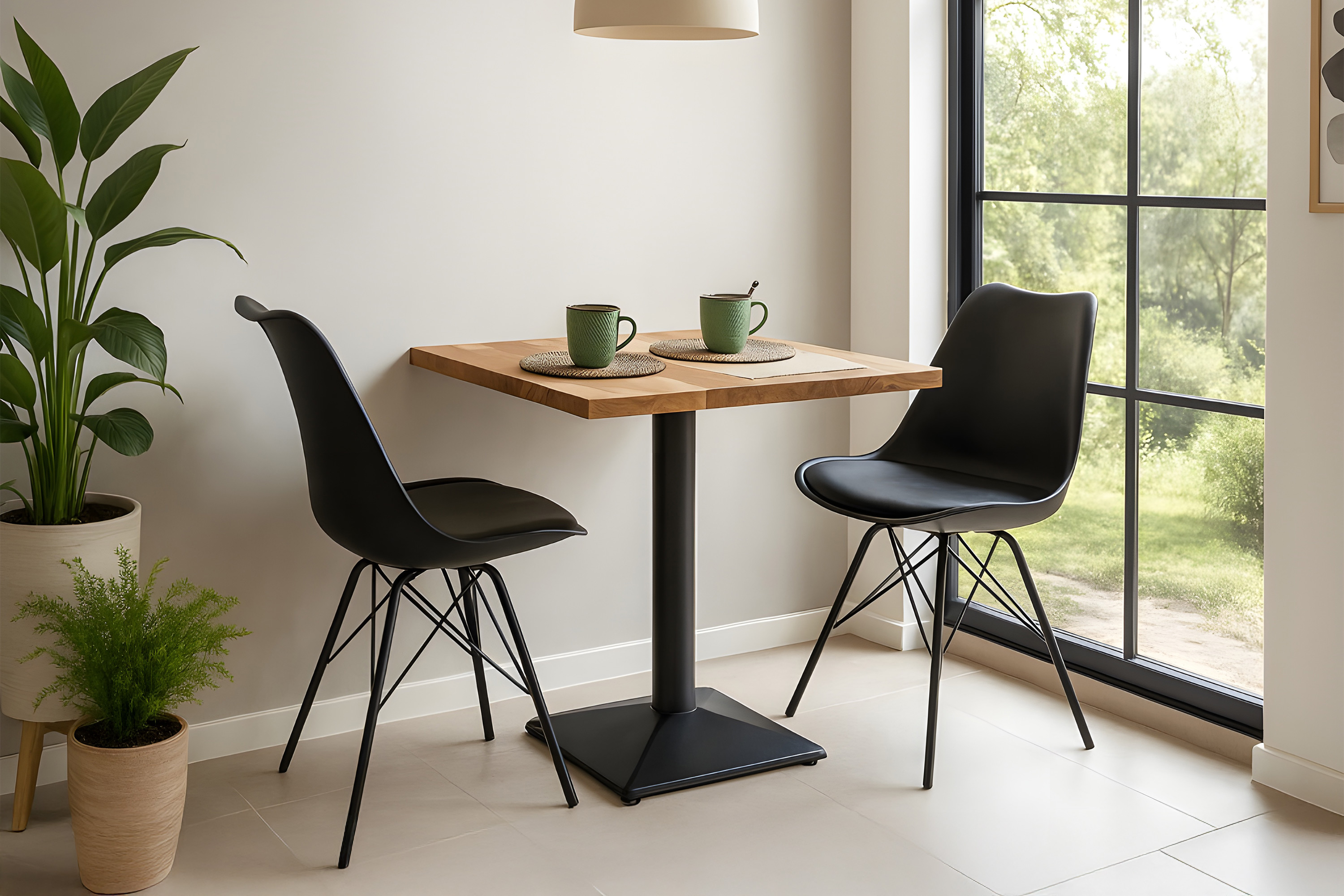 Bistrotisch Baumkante massiv 70 x 70 cm Akazie naturfarben Gerade Kante Säulengestell schwarz BRASILEIRO
