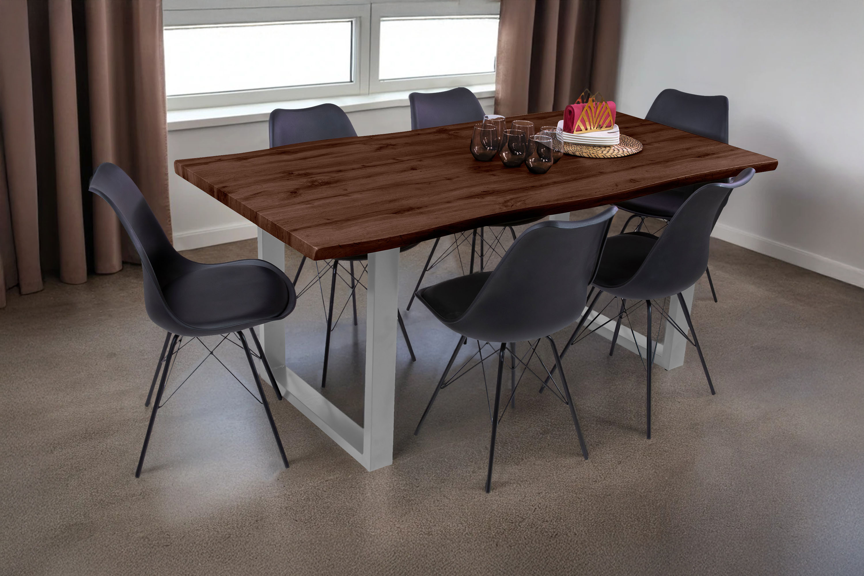Esstisch Baumkante Holz-Optik Nussbaum 180 x 90 U-Gestell silber JOSY