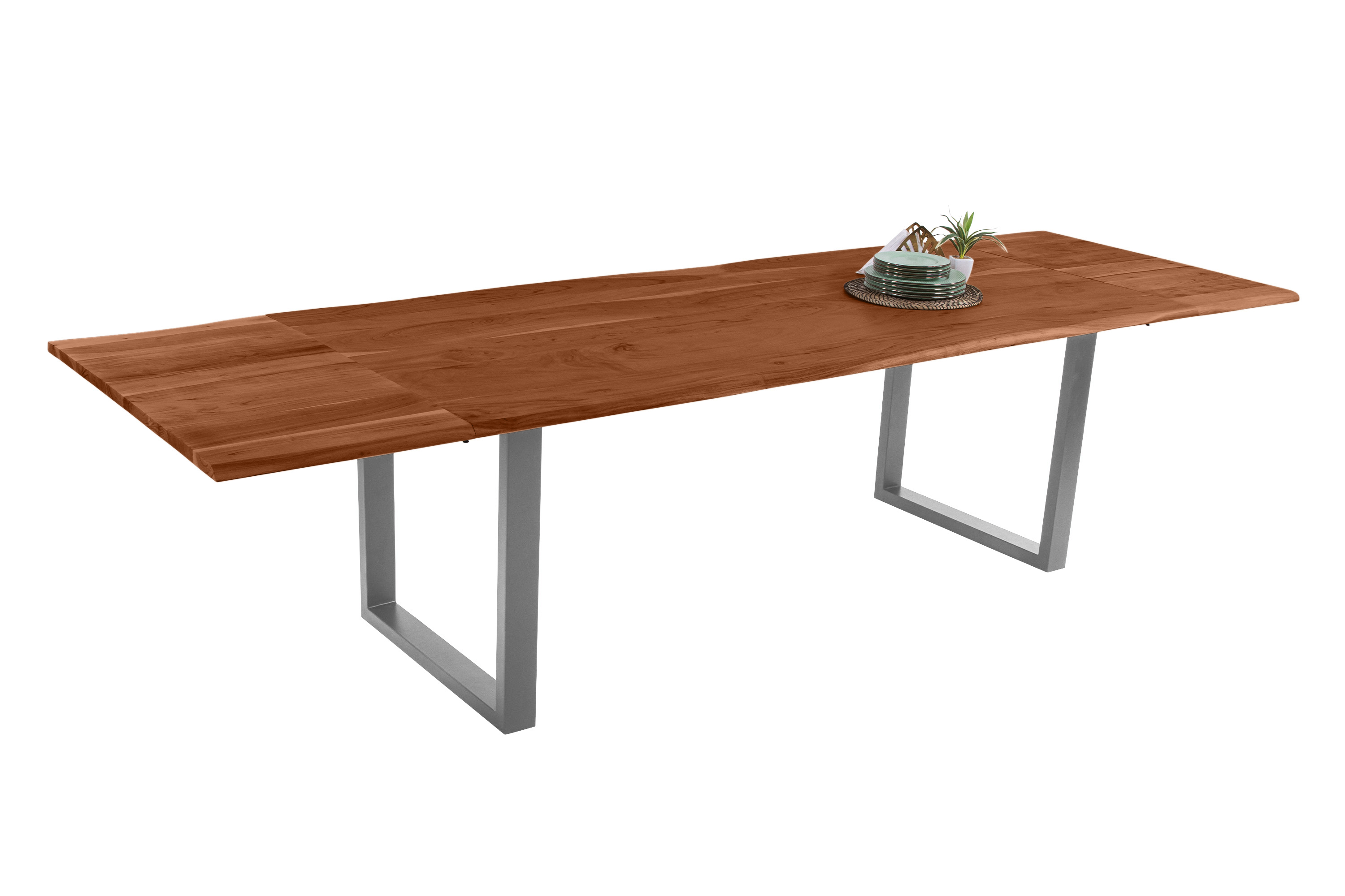 Esstisch Baumkante Akazie nuss 220(320)x100 Ansteckplatten U-Gestell silber AVINO
