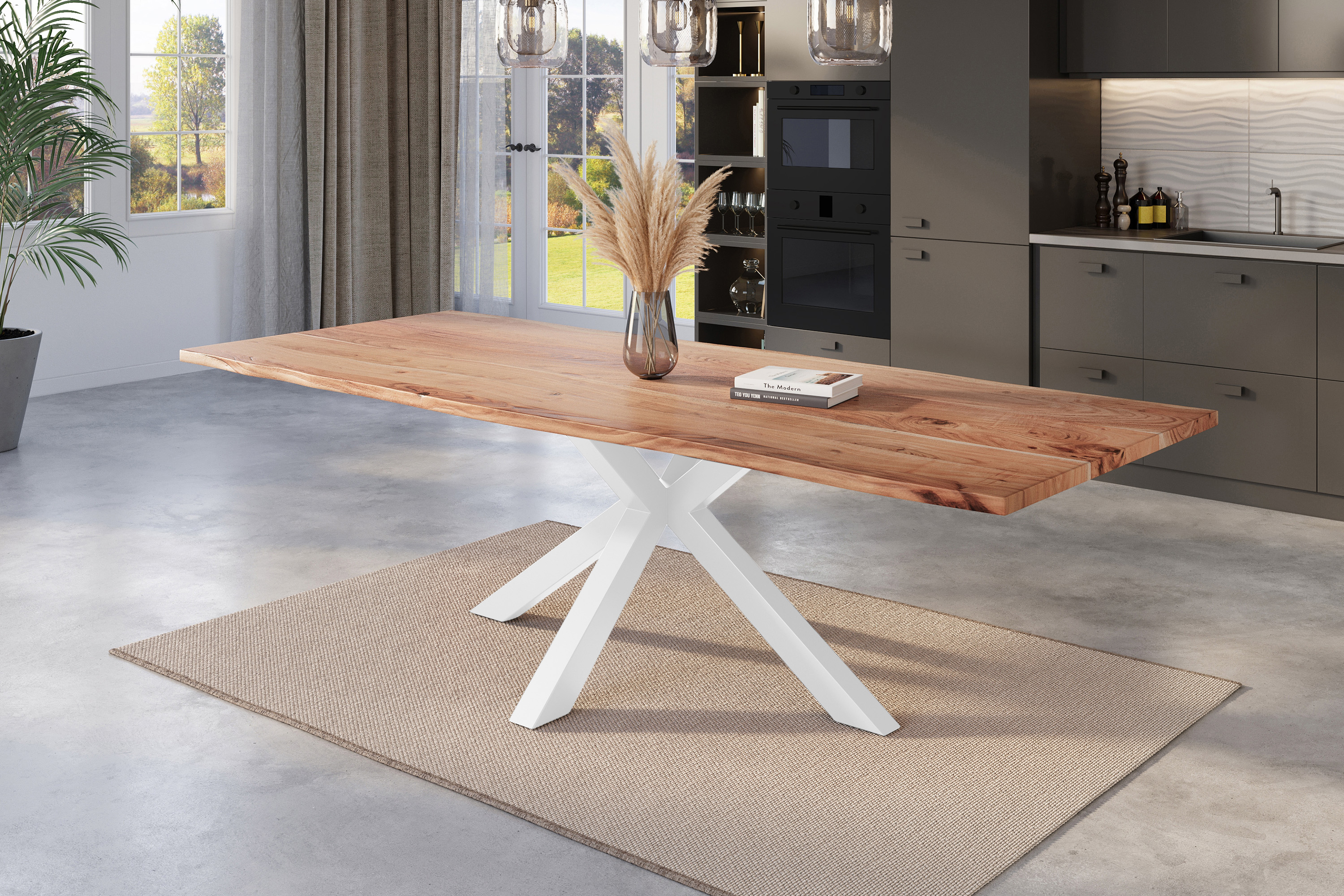 Esstisch Baumkante massiv Akazie natur 300 x 100 cm Spider-Gestell weiß Kalea