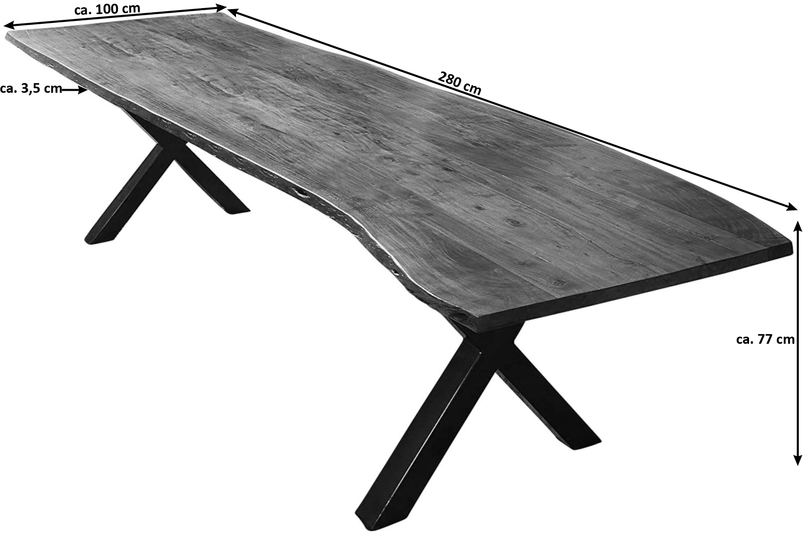  Esstisch Baumkante massiv Akazie nussbaum 280 x 100 X-Gestell schwarz XAVER