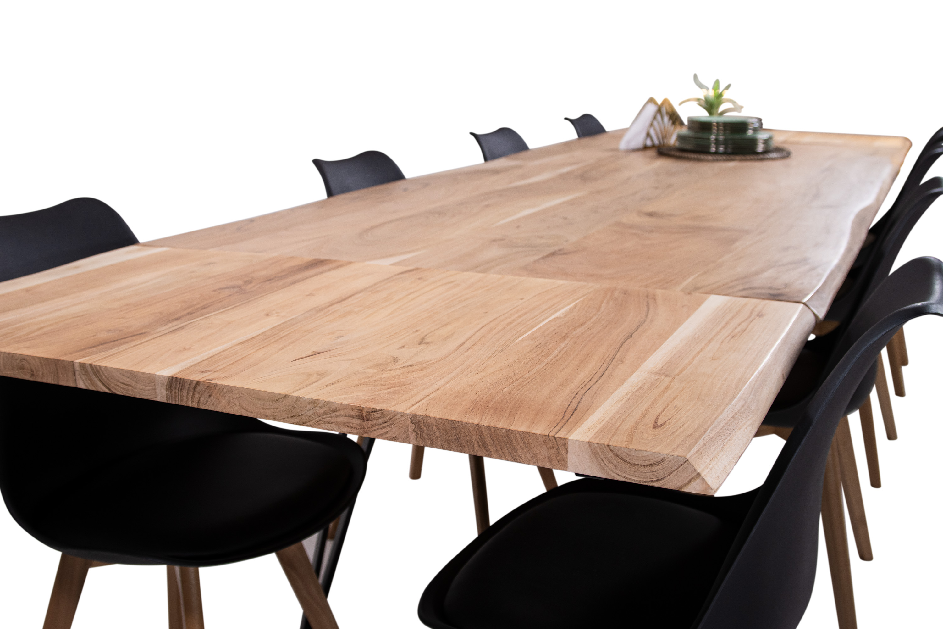 Esstisch Baumkante Akazie natur 220(320)x100 Ansteckplatten Vierfuß-Gestell schwarz AVINO