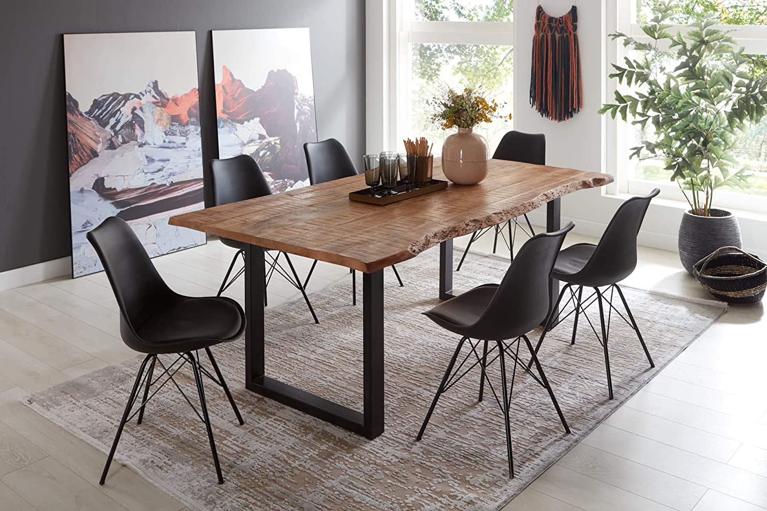 Essgruppe 180 cm Mango naturfarben U-Gestell schwarz mit 6 Stühlen NORINA