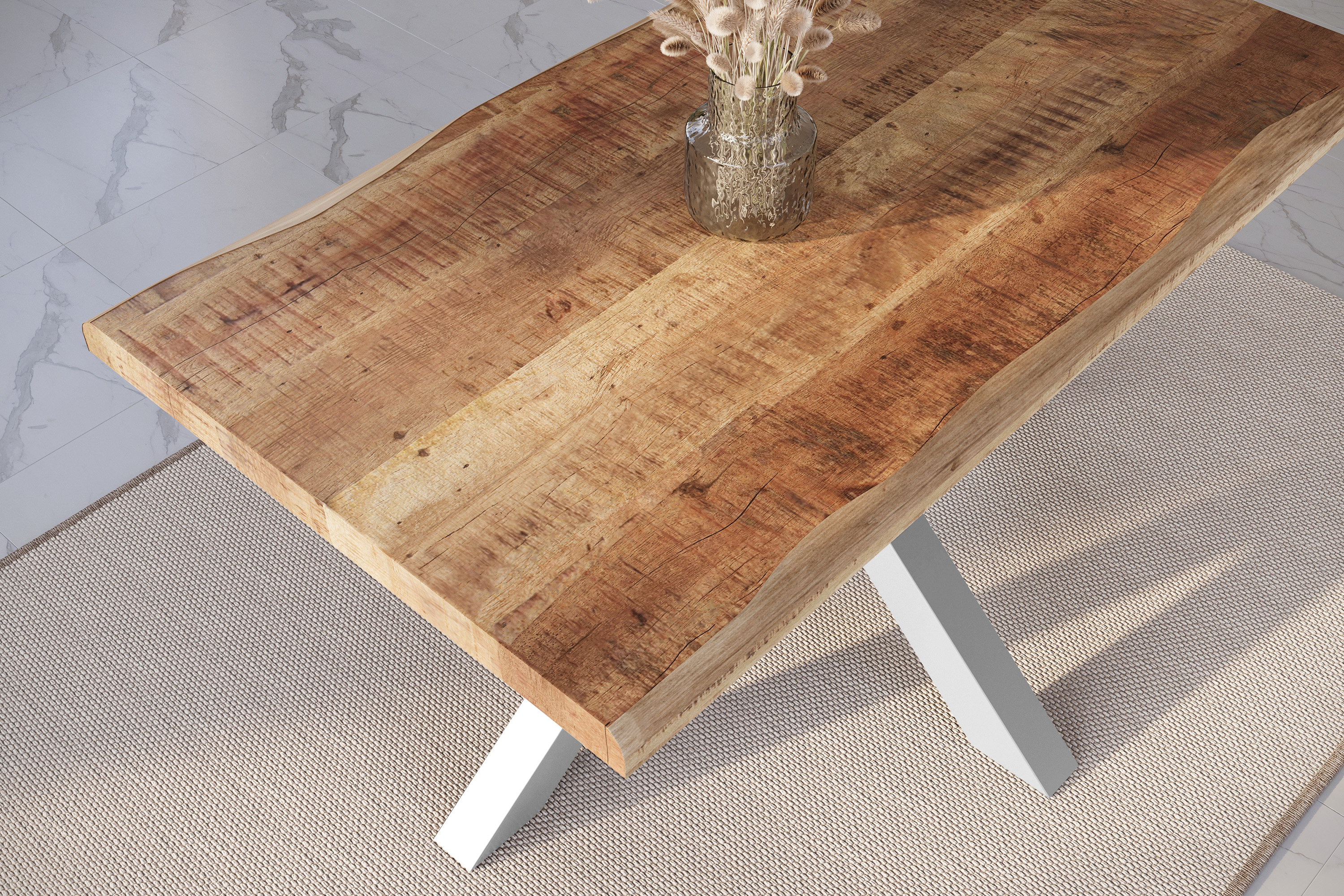 Esstisch Baumkante massiv Mango rough 120 x 80 Spider-Gestell silber ATLAS