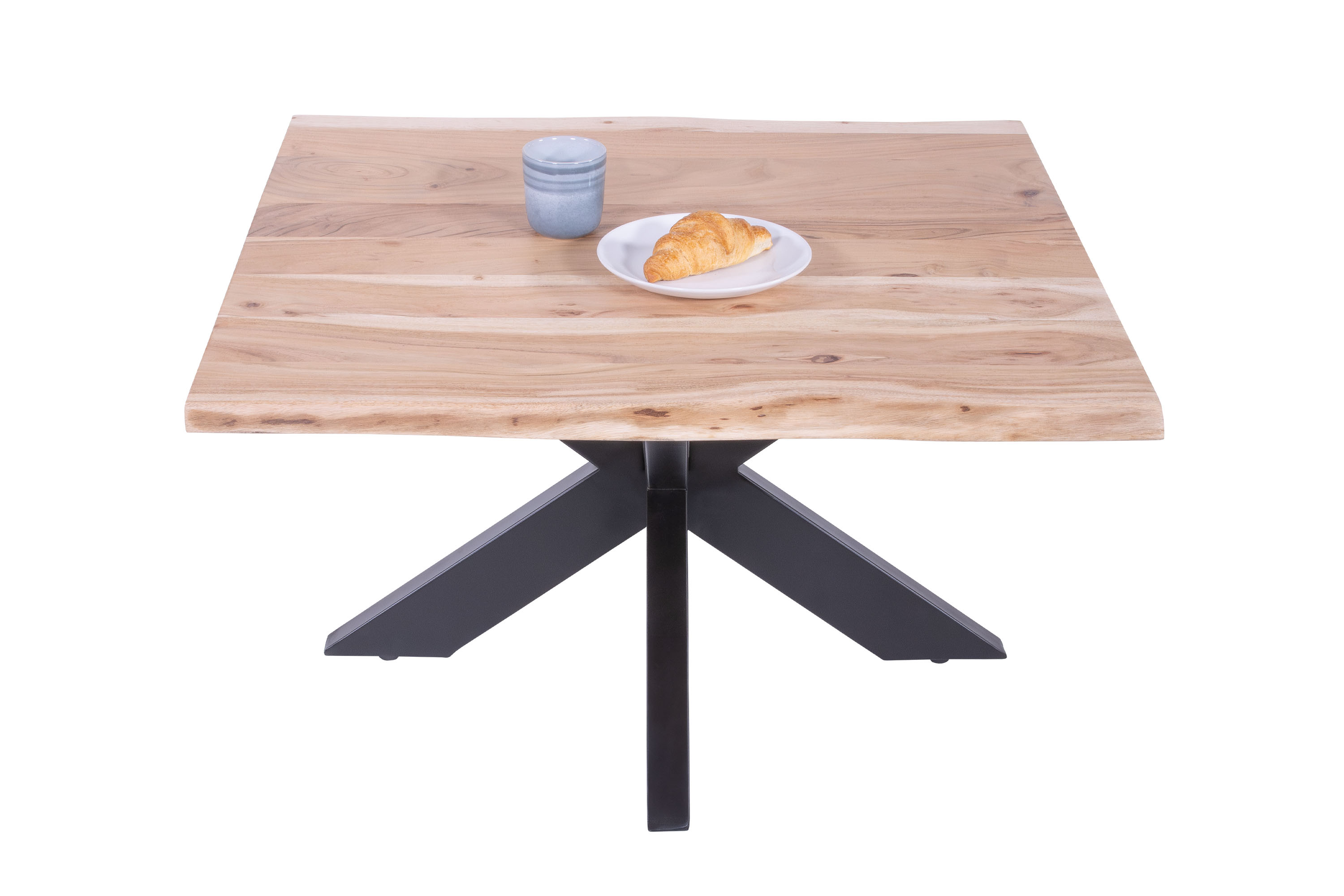Couchtisch massiv Baumkante Akazie natur 80 x 80 Spider-Gestell schwarz NOAH