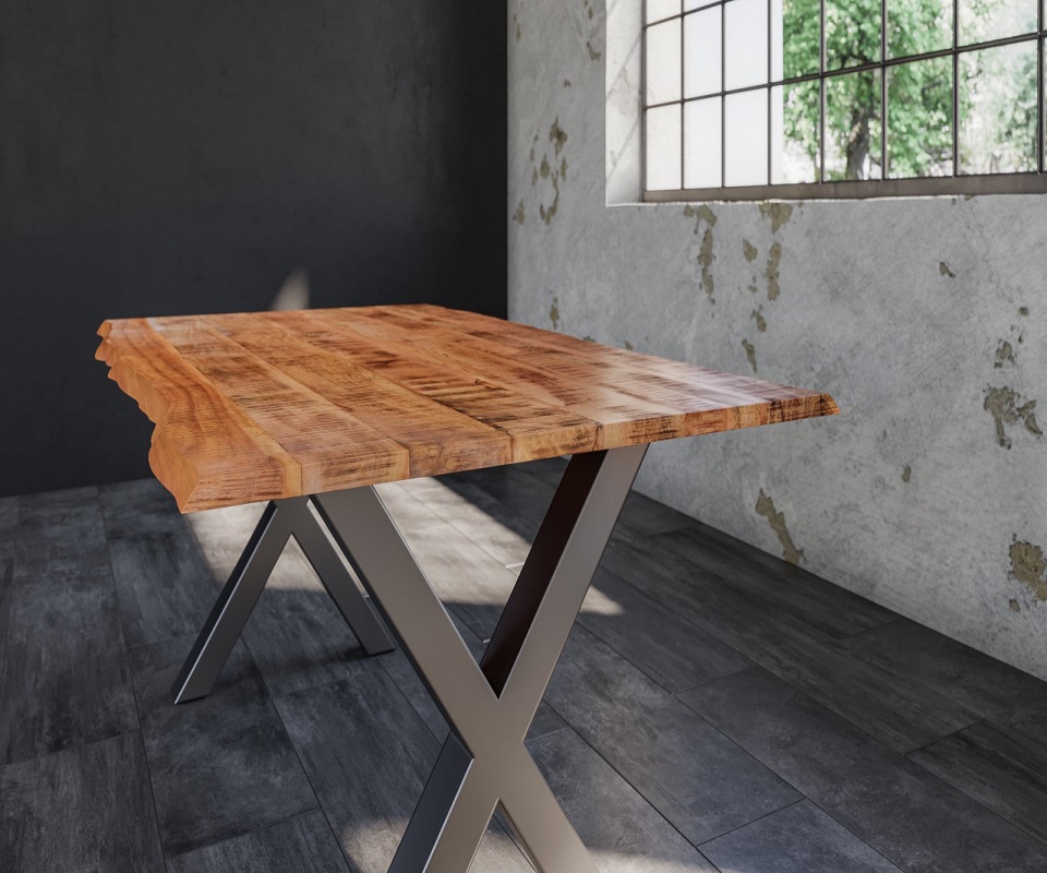 Essgruppe 160 cm Mango naturfarben X-Gestell silber mit 6 Stühlen DORA