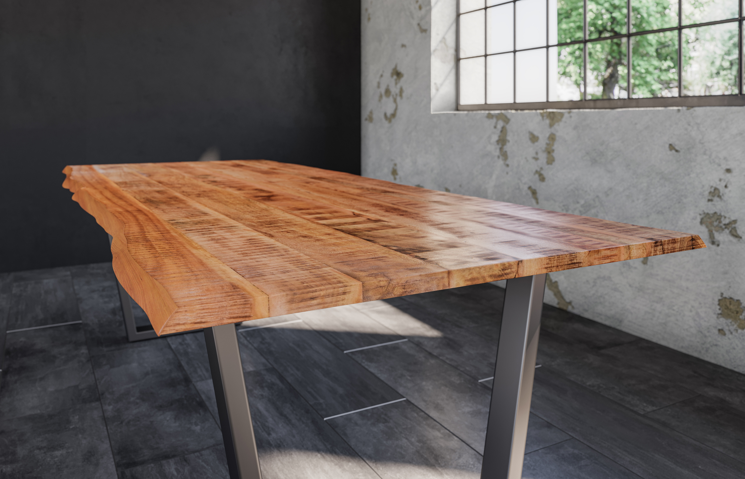 Essgruppe 220 cm Mango naturfarben V-Gestell silber mit 6 Stühlen DORA