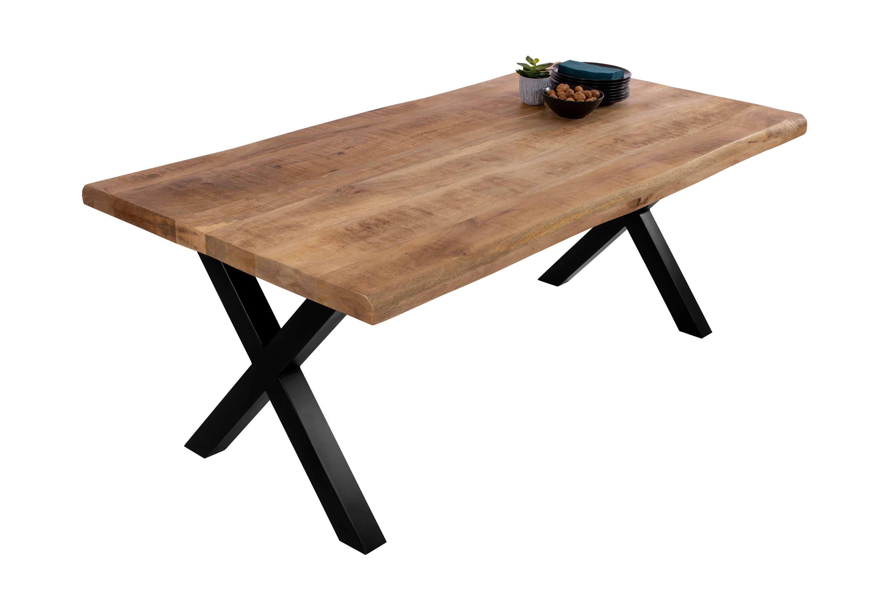 Esstisch Baumkante massiv Mango 160 x 85 X-Gestell schwarz CALI