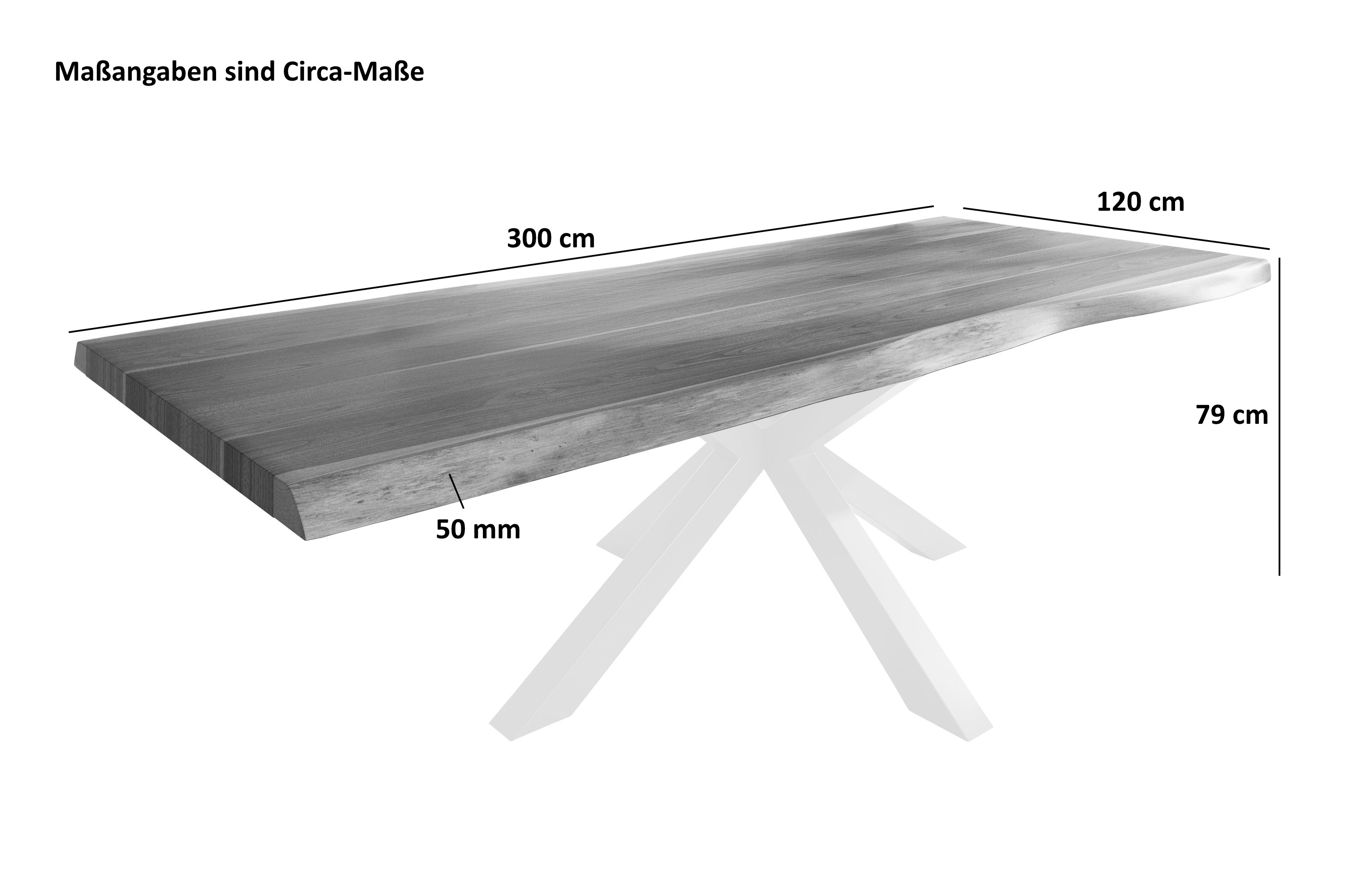 Esstisch Baumkante massiv Akazie nussbaumfarben 300 x 120 Spider-Gestell Metall silber TITAN
