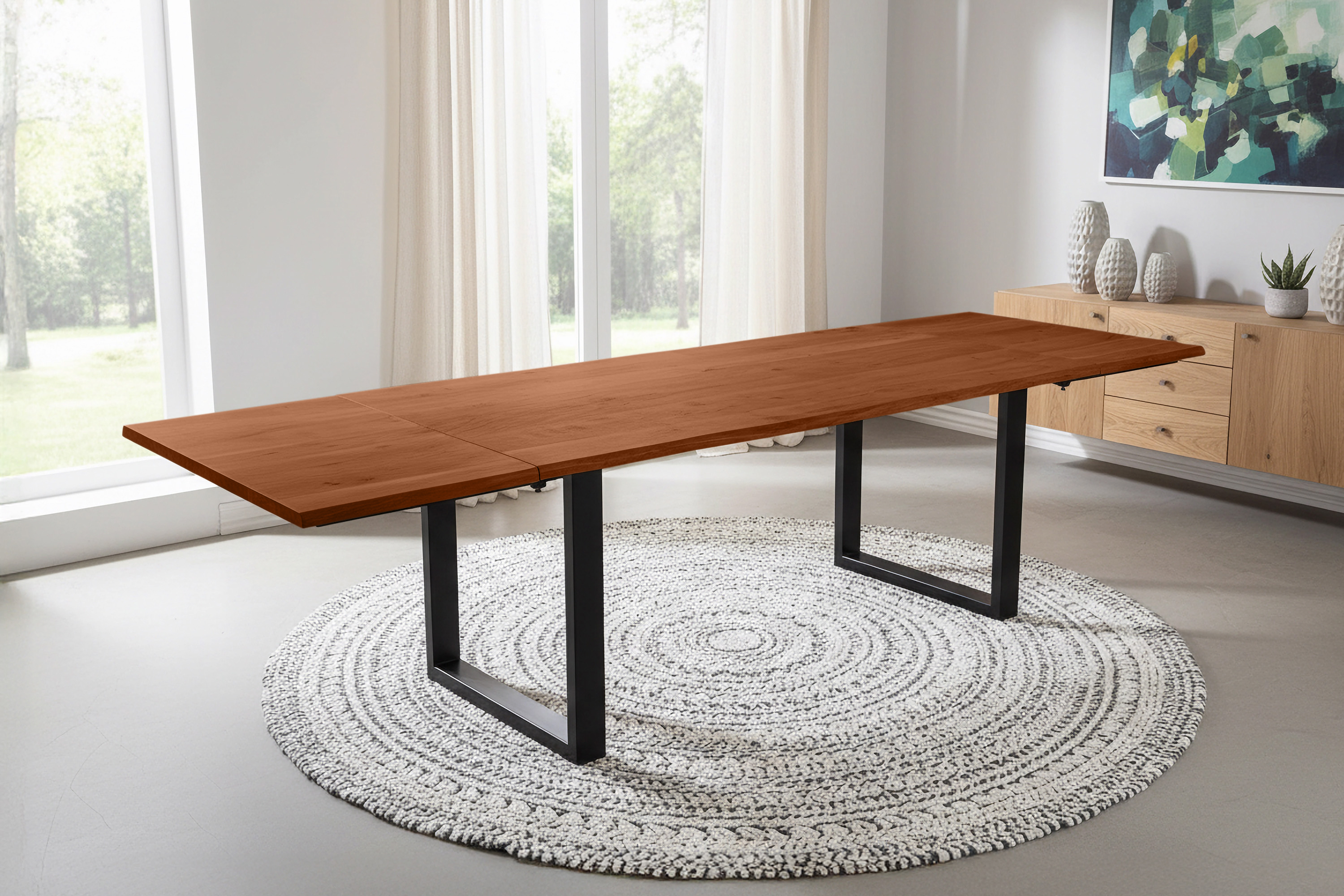 Esstisch Baumkante Akazie nuss 180(280)x90 Ansteckplatten U-Gestell schwarz AVINO