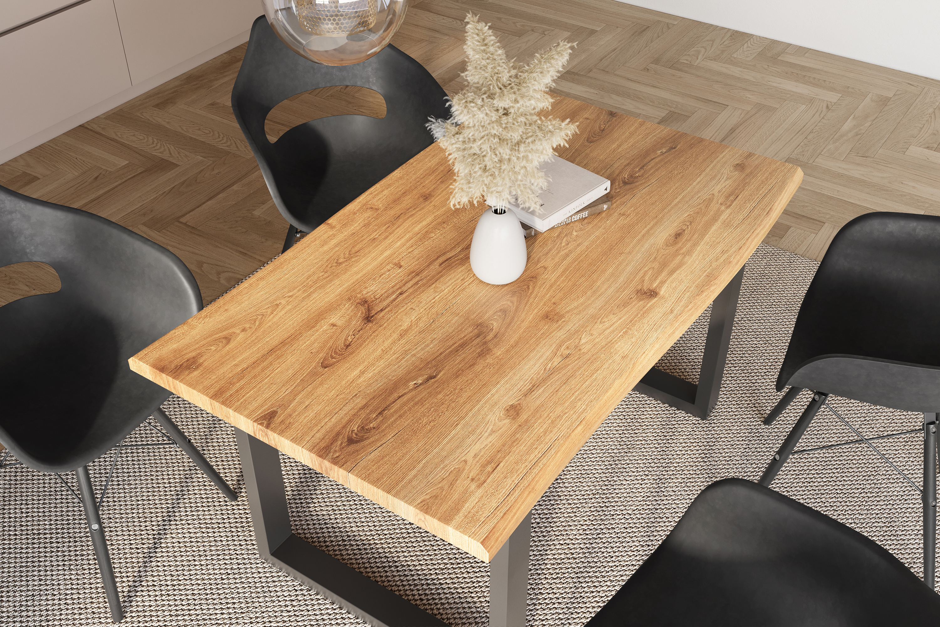 Esstisch Baumkante Holz-Optik Wildeiche 160 x 85 U-Gestell schwarz JULIUS