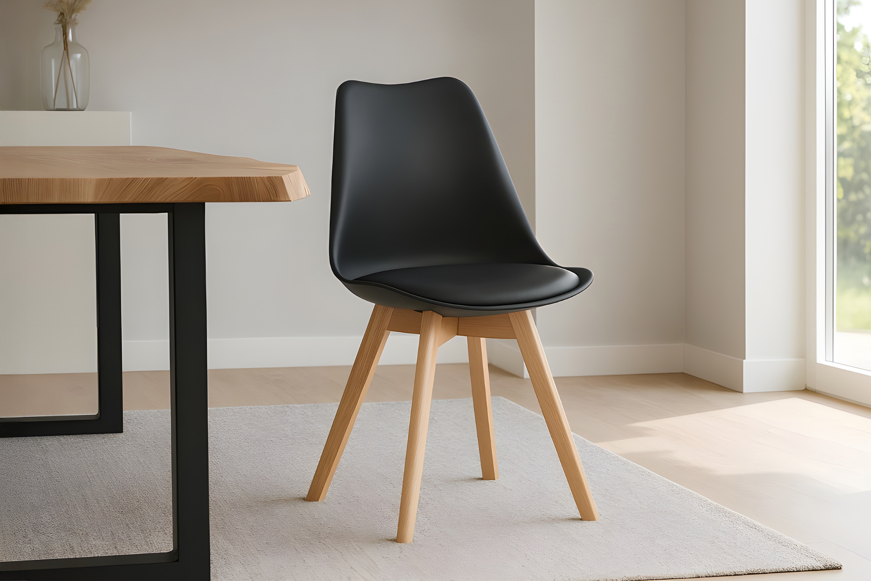 Esszimmer Schalenstuhl & Polster Kunstleder schwarz Stuhlbein Massivholz buchefarben LOVELACE